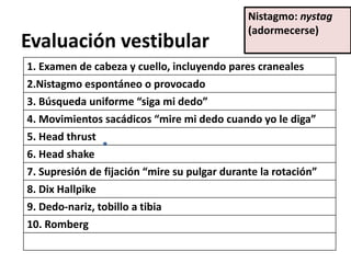 Evaluación vestibular
1. Examen de cabeza y cuello, incluyendo pares craneales
2.Nistagmo espontáneo o provocado
3. Búsqueda uniforme “siga mi dedo”
4. Movimientos sacádicos “mire mi dedo cuando yo le diga”
5. Head thrust
6. Head shake
7. Supresión de fijación “mire su pulgar durante la rotación”
8. Dix Hallpike
9. Dedo-nariz, tobillo a tibia
10. Romberg
Nistagmo: nystag
(adormecerse)
 
