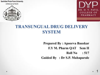 TRANSUNGUAL DRUG DELIVERY
SYSTEM
Prepared By : Apoorva Bauskar
F.Y M. Pharm QAT Sem II
Roll No : 517
Guided By : Dr S.P. Mahaparale
1
 