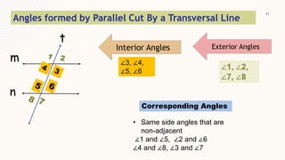11
t
m
n
Interior Angles Exterior Angles
Angles formed by Parallel Cut By a Transversal Line
∠3, ∠4,
∠5, ∠6
∠1, ∠2,
∠7, ∠8
Corresponding Angles
• Same side angles that are
non-adjacent
∠1 and ∠5, ∠2 and ∠6
∠4 and ∠8, ∠3 and ∠7
 