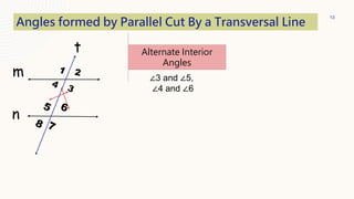 13
t
m
n
Angles formed by Parallel Cut By a Transversal Line
∠3 and ∠5,
∠4 and ∠6
Alternate Interior
Angles
 