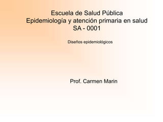 Diseños epidemiológicos
Prof. Carmen Marin
Escuela de Salud Pública
Epidemiología y atención primaria en salud
SA - 0001
 