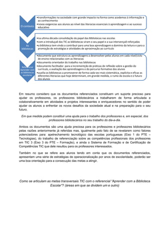 Em resumo considero que os documentos referenciados constituem um suporte precioso para
ajudar os professores, os professores bibliotecários a trabalharem de forma articulada e
colaborativamente em atividades e projetos interessantes e enriquecedores no sentido de poder
ajudar os alunos a enfrentar os novos desafios da sociedade atual e na preparação para o seu
futuro.
Em que medida podem constituir uma ajuda para o trabalho dos professores e, em especial, dos
professores bibliotecários no seu trabalho do dia-a-dia.
Ambos os documentos são uma ajuda preciosa para os professores e professores bibliotecários
pelas razões anteriormente já referidas mas, igualmente pelo fato de se revelarem como fatores
potenciadores para: apetrechamento tecnológico das escolas portuguesas (Eixo 1 do PTE –
Tecnologias), do trabalho de referenciação sobre as competências profissionais dos professores
em TIC 3 (Eixo 3 do PTE – Formação), e ainda o Sistema de Formação e de Certificação de
Competências TIC que dele resultou para os professores interessados.
Também no que se refere aos alunos tendo em conta que os documentos referenciados,
apresentam uma série de estratégias de operacionalização por anos de escolaridade, poderão ser
uma boa orientação para a consecução das metas a atingir.
Como se articulam as metas transversais TIC com o referencial “Aprender com a Biblioteca
Escolar”? (áreas em que se dividem um e outro)
O contexto
•transformações na sociedade com grande impacto na forma como acedemos à informação e
ao conhecimento
•novas exigencias aos alunos ao níivel das literacias essenciais à aprendizagem e ao sucesso
educativo
As
biblotecas
•na ultima década consolidação do papel das Bibliotecas nas escolas
•com a introduçaõ das TIC as bibliotecas viram o seu papel e a sua intervençaõ reforçadas
•a biblioteca tem vindo a contribuir para uma boa aprendizagem e domínio da leitura e para a
promoção de estratégias e atividades de aproximação ao currículo
Referencial
Aprender com
as bibliotecas
escolares
•documento que estrutura as aprendizagens a desenvolver pelos alunos em cada nível/ciclo
de ensino relacionadas com as literacias
•documento orientador do trabalho nas bibliotecas
•documento facilitador para a incrementção de práticas de reflexão sobre a gestão do
currículo, a avaliação das aprendizagens e do percurso formativo dos alunos
•auxilia as bibliotecas a promoverer de forma cada vez mais sistemática, explícita e eficaz as
diferentes literacias que hoje determinam, em grande medida, o rumo da escola e o futuro
dos alunos
 