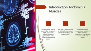 Introduction Abdominis
Muscles
The abdominal muscles
are a crucial component
of the body's core,
providing stability,
movement, and
protection for internal
organs.
They play a significant role
in various functions such
as posture, breathing, and
core strength.
Understanding the
anatomy and function of
these muscles is
essential for maintaining
overall health and
fitness.
 