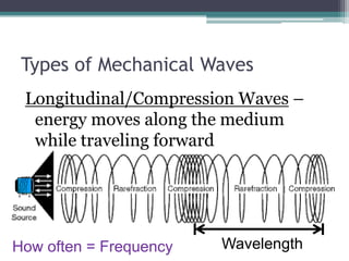 Types of Mechanical Waves
Longitudinal/Compression Waves –
energy moves along the medium
while traveling forward
WavelengthHow often = Frequency
 