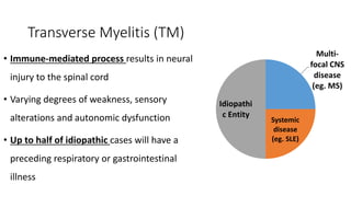 Transverse Myelitis (TM)
• Immune-mediated process results in neural
injury to the spinal cord
• Varying degrees of weakness, sensory
alterations and autonomic dysfunction
• Up to half of idiopathic cases will have a
preceding respiratory or gastrointestinal
illness
Multi-
focal CNS
disease
(eg. MS)
Systemic
disease
(eg. SLE)
Idiopathi
c Entity
 