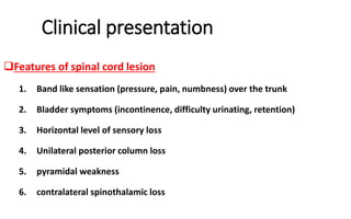 Clinical presentation
Features of spinal cord lesion
1. Band like sensation (pressure, pain, numbness) over the trunk
2. Bladder symptoms (incontinence, difficulty urinating, retention)
3. Horizontal level of sensory loss
4. Unilateral posterior column loss
5. pyramidal weakness
6. contralateral spinothalamic loss
 