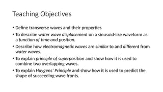 Teaching Objectives
• Define transverse waves and their properties
• To describe water wave displacement on a sinusoid-like waveform as
a function of time and position.
• Describe how electromagnetic waves are similar to and different from
water waves.
• To explain principle of superposition and show how it is used to
combine two overlapping waves.
• To explain Huygens’ Principle and show how it is used to predict the
shape of succeeding wave fronts.
 