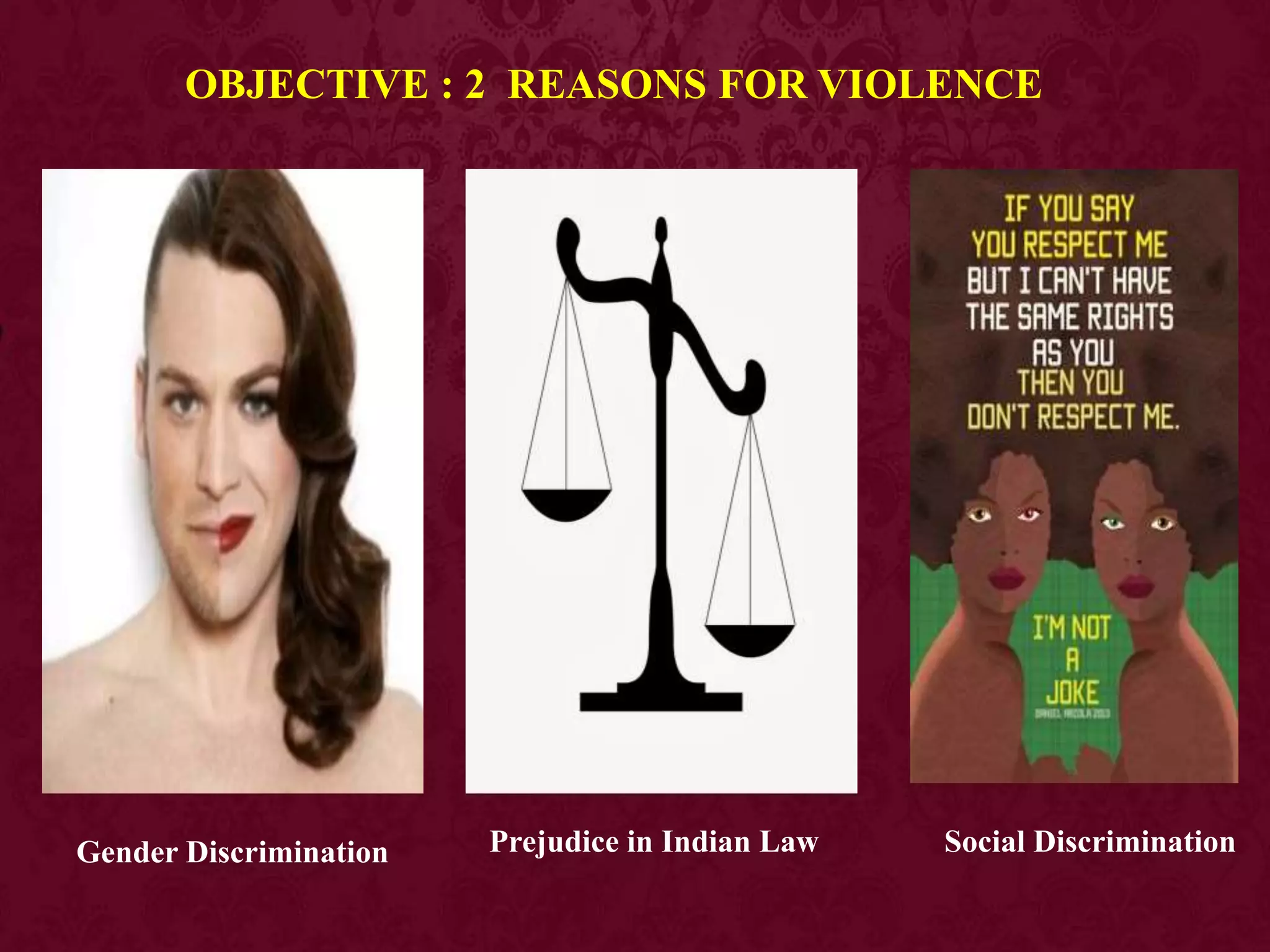 OBJECTIVE : 2 REASONS FOR VIOLENCE
Gender Discrimination Prejudice in Indian Law Social Discrimination
 