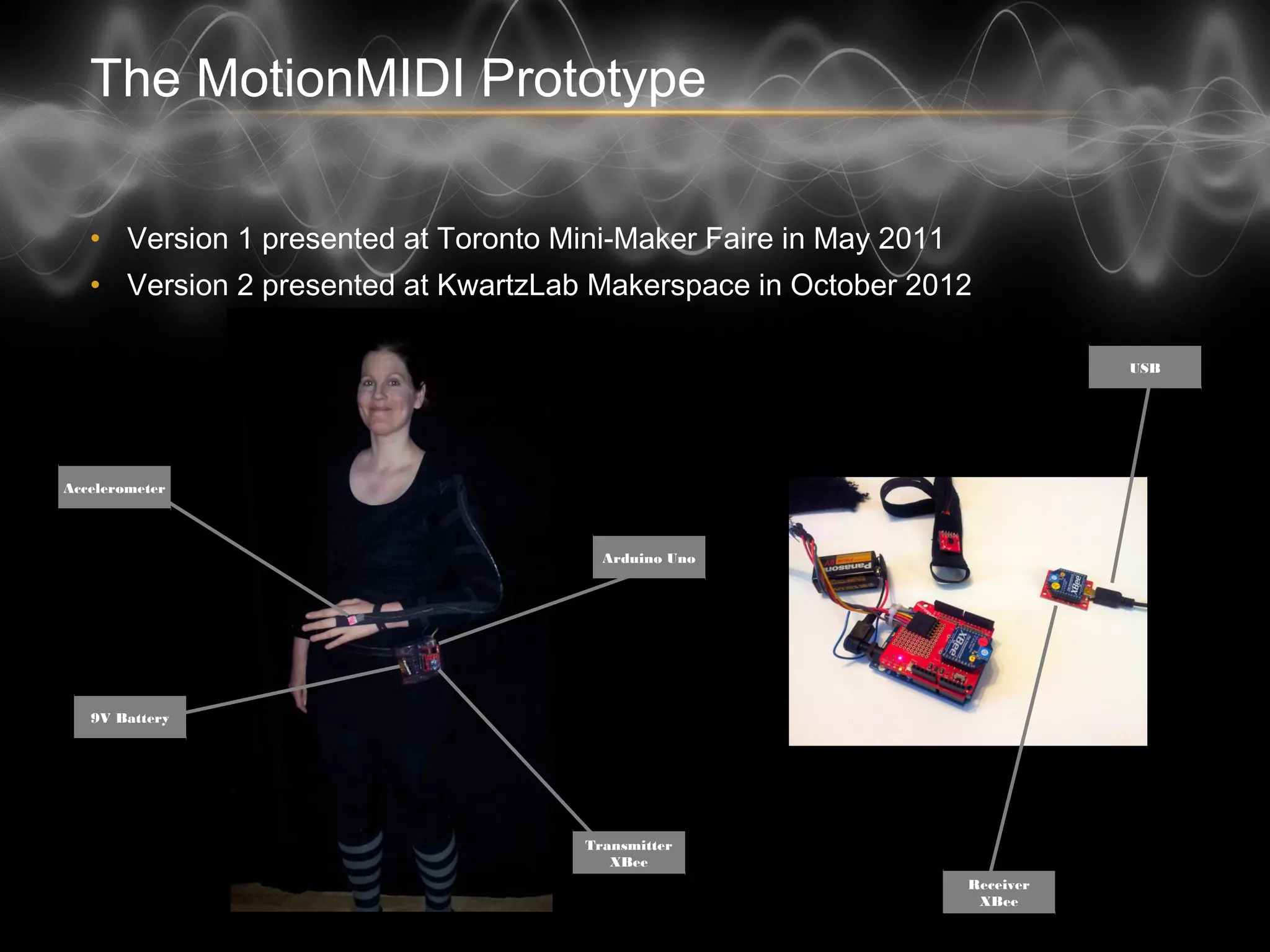 The MotionMIDI Prototype
• Version 1 presented at Toronto Mini-Maker Faire in May 2011
• Version 2 presented at KwartzLab Makerspace in October 2012
Accelerometer
Arduino Uno
Transmitter
XBee
Receiver
XBee
USB
9V Battery
 
