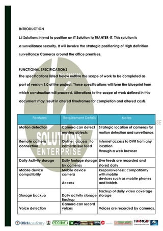 INTRODUCTION
L.I Solutions intend to position an IT Solution to TRANTER-IT. This solution is
a surveillance security. It will involve the strategic positioning of High definition
surveillance Cameras around the office premises.
FUNCTIONAL SPECIFICATIONS
The specifications listed below outline the scope of work to be completed as
part of version 1.0 of the project. These specifications will form the blueprint from
which construction will proceed. Alterations to the scope of work defined in this
document may result in altered timeframes for completion and altered costs.
Features Requirement Details Notes
Motion detection Camera can detect Strategic location of cameras for
moving objects motion detection and surveillance.
Remote camera Online access to Internet access to DVR from any
connection cameras live feed location
through a web browser
Daily Activity storage Daily footage storage Live feeds are recorded and
by cameras stored daily
Mobile device
compatibility
Mobile device
camera
Responsiveness; compatibility
with mobile
Access
devices such as mobile phones
and tablets
Storage backup Daily activity storage
Backup of daily video coverage
storage
Backup
Voice detection
Camera can record
voices Voices are recorded by cameras.
 