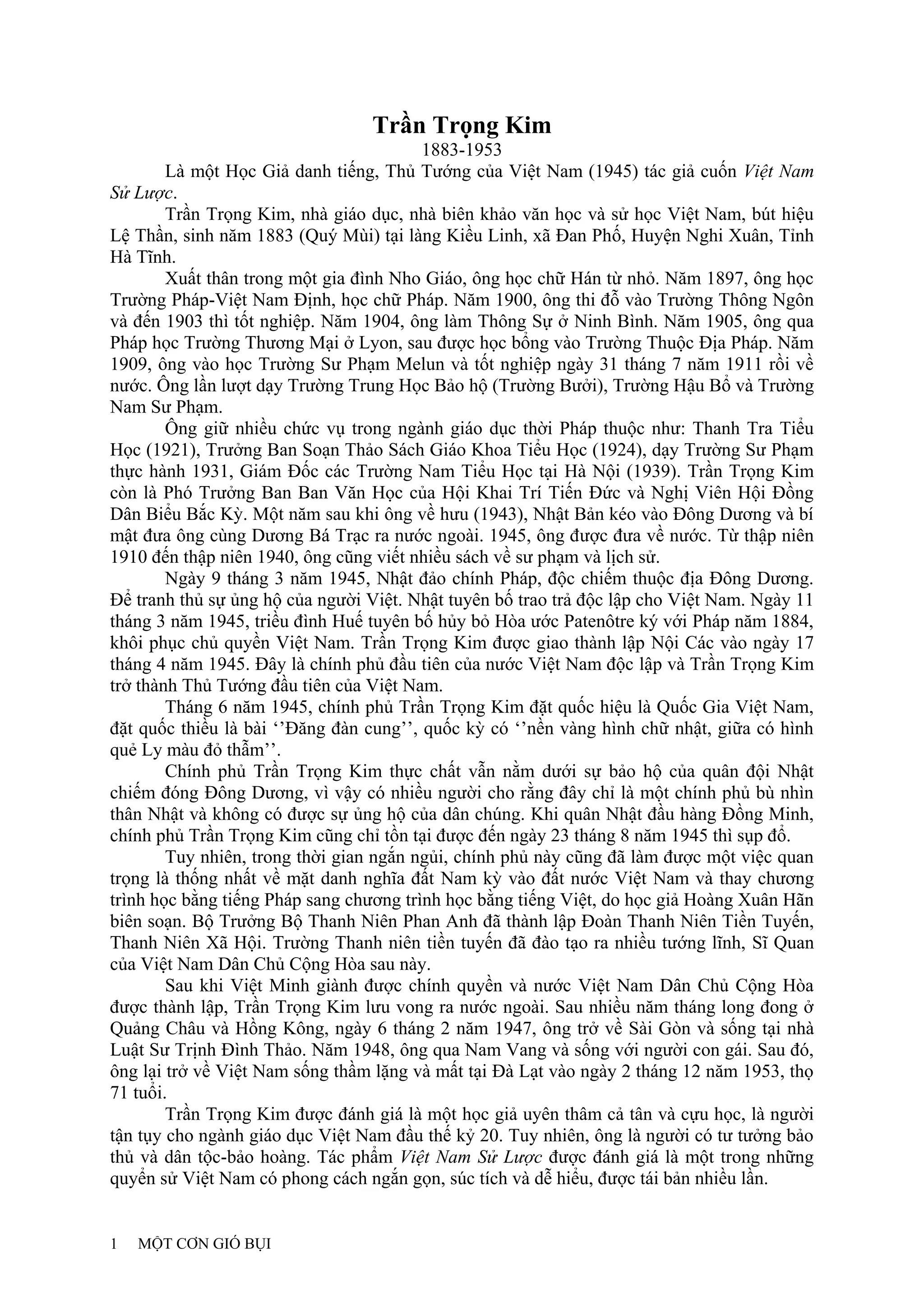 MỘT CƠN GIÓ BỤI - Trần Trọng Kim | PDF