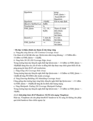 Qqualmin

Qqualmin
Qhyst1s+Qoffset1s,n
Treselection
FDD_Qmin

-18[dB]
3[dB]
1s
-12, -10, 8[dB]

Qsearch_I

7, luôn đo
WCDMA
−∞

FDD_Qoffset

pong:
FDD_Qmin >
SsearchRAT+
Qqualmin
Giá trị mặc định

Tham số chính
điều khiển
GSM-toWCDMA
Ưu tiên
WCDMA
Ưu tiên
WCDMA

+ Đo đạc và hiệu chỉnh các tham số cho từng vùng
a. Vùng phủ sóng liên tục (3G Continue Coverage Area):
Các tham số có thể đặt như sau: Qrxlevmin nằm trong khoảng = -115dBm đến 111dBm và FDD_Qmin = -12[dB].
b. Vùng biên 3G-2G (3G Coverage Edge Area).
Trong trường hơp này khuyến nghị thiết lập Qrxlevmin = -111dBm và FDD_Qmin = 10[dB]để dung hòa các yếu tố trên và đồng thời đạt được mục đích giảm thiểu tối đa
ping-pong do Inter-RAT cell reselection.
c. Vùng trống (3G Coverage Hole Area):
Trong trường hợp này khuyến nghị thiết lập Qrxlevmin = -115dBm và FDD_Qmin = 12[dB] để tăng WCDMA idle mode coverage.
d. Vùng Entering-Building (3G Inbuilding Coverage Area):
Cũng giống như trường hợp vùng biên, khuyến nghị thiết lập Qrxlevmin = -111 dBm
và FDD_Qmin = -10[dB] để tăng độ ổn đinh chất lượng mạng.
e. Vùng Muitipath- Fading (3G Coverage Muitipath Fading):
Trong trường hợp này khuyến nghị thiết lập Qrxlevmin = -111dBm và FDD_Qmin = 10[dB].
3.3.2. Giải pháp Inter-RAT Handover 3G/2G trên mạng Vinaphone
Hiện tại, Vinaphone chỉ cho phép InterRAT handover từ 3G sang 2G không cho phép
quá trình handover theo chiều ngược lại

 