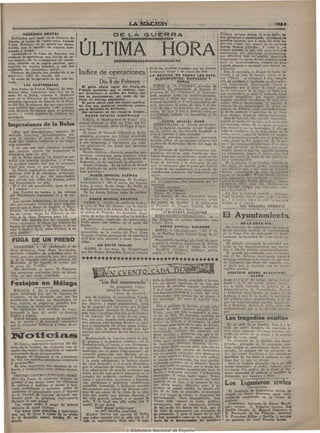 I-A:
                 AXSRESION BRUTAi.
     Hallándos ayer tarde en la Glorieta de 
                                                                                              OE            LA            <3iU E-RRA                                                                 Villiers, porque siendo él muy bello, j«»
                                                                                                                                                                                                     ven, generoso y ¡.aipasionadto,- nó--conseguí»
                                                                                                . oaáqaaápdíilíiapDaaaataaDo
Atocha el joven de veinte años Fermia                                                                                                                                                                aquellos fa:Vores, que á otros les eran da-
López Herranz, se le acerco un desco-                                                                                                                                                                dos con creces, sin reunir eü su person»
nocido, que le agredió de manera ines-                                                                                                                                                               tantas buenas Vréndas. . Y como á uá
perada y brutal.                                                                                                                                                                                     tiempo tomaba lo que solo eran..^ternura*
     Conducido á la Casa de Socorro, los                                                                                                                                                             ínateríiq-les, por perversas^insiniiacione^
médicos I«aí>peciaron una herida de ar-                                                                                                                                                              que á'viváran más su pasión, q.ueriend»
ma blanca, de 12 centímetros de exten-                                                                                                                                                               c o m p r e n d e r l a razón de tal mistei-io para»
sión, situada en la^ región parietal, que                                                    iaócionaaaatiDaeDaaaaaanaabiícao                                                                        salir de incertidumbres, rompió su p r o . ; ^
interesa los tejidos blandos, y que fué                                                                                                                                                              metido silenció y arriesgó una última ex«
calificada d'e pronóstico grave.                                                                                            I 63-de los pueblos- tomados por los franco- plicación.
     Después de curado- fué conducido á su
domicillio, calle de Alcalá, 142.
                                                               Índice de operaQÍones                                          británicos desde 1 de Junio-de 1916.'                                       E r a . l a canícula, y Ninon Sé había i-e-
                                                                                                                              LA REQUISA DE TODOS LOS ESTA- t i r a d ó á sii casa de campo, cundo el jo- -
     El- autor de la agresión no h a sido ha-                                                                                       B L E C I M I E N t O S , ÉMPÍJÉSÁS Y                            •ven Villiers            sé' presentó á' ella,' estíuido
llado.                                                                            Día 8 de Febrero                                             -   '•• - - O B R A S ; •'';,• -                   j ella eri soledad, -y cqrifesólá su ,'flesesp6ra-
                  LOS CARTERISTAS
                                                                 E| ^garte oficial inglés d^el, fretite de                    , P $ M S ,  8 - ' M, Clem                                     d^ ;ción apasionada. .Éritcrnecida Ninoñ y
                                                                                                                                                                                                      traspasÉtda por el ddlor de haber" caiisa-
     Don Pedro d e Frutos Trapero^ dé vein- Francia ,^cí>múnica que, .el, enemigo, e.va- „ Comerció, " ha,..prése!)ta,do a.! .Senado ün do el infortunio de :sU-hijo, no-'halla" fcon
ticinco años, industrial, que vive en la cuó Grandcour—á orillas del Anc.re, de! proyecto dé íéy ar.tórízandd al Gobierno •qué responderle,'y cómo él,"to"fnarfdo acfuel
calle de la Bolsa, número 3, denunció                        qu,e s», pase alonar on> ,íisJL ODÍOO de, las                    paíá requisar todos '%• establecimientos, isilehoi'Q" d'r'aittático, • por iácitti; áí;e4if'i-^.       *
ayer en la Dirección de. Seguridad- que,                     obras de defensa adyae!en,tes:..                                 eriipresas "y" obras que interesen' para lá mietito, 'f:iuis*iéí'a:ei"préBar'se dé" niá's VXKQ
mientras esperaba un tranvía en la Puer-                         El parte oficial raso del fKente occidenr                    defensa'-rtacional, ó eí avituallamiento del mOdo,> Niftoh hórr-orizadá, le éxpücó el
ta del ^Sol, le r43har,o.ii, sin que sepa quién,             tal dice que ,ocuparon trincheras eneniis:, país, .^itóí-c'omo la ni,iiio de .obra "ó el-sér- sot-reto ' de'su- fflatefriidad; El jflvcn ca- '
una cartera que contenía 1.900 pesetas,                      gas al Nordeste ide Kirlibaba.                   : , . .         ^icio de todos los fr.ancesep del spxo mas.- balkro de ViMiérs, salió prijcípilj'adam.en-
tres décimos de lotería para el próximo
sorteo y varios pajjeles de' relativa im-                        Sin variación .en Jos restantes (rentes..; Ciílirio 'dj;'diez y .seis á..seséntíi años, no jte'de 'la esfaflicíaé internóse en un froii- .
                                                                                                                              mó'v'Ji'z'ádoi^,.excepto los impedidos y los •doso bosque,^ ."llorandé -dtísíspcvíidamcnte.
portancia.                                                           PARTE OFICIAL A U S T R Í A C O                          inútijés. '.                        . .      .       .,          •!'. : Ana- de Léñelos, con extra-ña inq.uieiíud,
                                                                 VIENA, 9.'(E.adiógrámsÉ dé'PotaO'' «Un                                                                                              iesperó la vuelta de su^hijo,: más coma.f!sta ,
                                                             ata,qü6 enemigó til Este del V a l l e ' d é ! C'á-                            PARTE OFICIAL RUSO
Impresiones d e l a Bolsa                                     sinu fué rechazado ánfes de llegar á'áue's-,
                                                                                                                                 PETROGRADO. 9.. ; Frente oéc-denta.!.- jno -tor-nasm-i i)3i!éea- de -un Sgran pre.fagiü',.-
                                                                                                                                 " Tn :aeroplano enemifl-o arrojó i bomb.'is ¡hizo tbuscar.-ie en- los áon-toiirÍG.s. .--.Y alit-as-.:
                                                                                                                                  L-
                                                              tras', líneas. . ' .                       ,'c.. • ,,';....' en. la i'eíión .de 'Jacob=t'it-d. matando . á ;tabá.'eil; eabaJlcro,rcn lo más espeso áa fa.
     i Hay • qué ' dé'serigañárse,''señores ! El                  Al Oeste de Omezyn iíiflinijieron déíta;- s''f'te.é hiriendo á.ocho: soldadas. í
mefcadq Veaccióña ' fávóráblémerite des- oamentqs alemanes ,qi.ie habían penetrado                                                                                                              ; •selv'as f yerto,!.inmóvil; ba-ñ!ado ,eri .sangíe,
 pués dé conocer" él texto "de ilá Nota                                                                                          Dos,, de nuestros. :aviado'Pes arrojaron 'con¡el,pecho'ati'fivesado con isu pi-opi.a- (-.ST-
dada' por nuestro G o b i e r n o ' á los Impe- en .Ja, posición enemiga sensibles '.pérdidas bo'tbas,isobre .e,l:a-prodi-omo. -adver=o del 'pada, ioorqo unífiel eji.emoiado, .de las gtn^--.
rios ceñtralfes.'             •' ' ' •         , . . , . , . á sus o.eupa.nte|S,. y regresaron con .algii- pneblo^dé Kobyíniki, Norte -del. lago de lias y los romafiees (Jaballereseos.-.Y.se cijcu-
     Y es, que éste país conserva virtudes nO'S priisionerdsj sin tén.eir' g ú é ' l a m e n t a r isTorotch. ;                                                 .- :                       , - |ta qvi,^ ..clayando la^.,hcrmosos .ojos eU; -su
                                                                                                                                                                                                 .
 que renacen cuando las injusticias se pérdida alguna..                                     : ^                  '/'/'/,.',.      Al íí.'nroe.Bt-e dé Eirlibaba.nuestras van. ;ma,dre, antes, de^es.pirax., aq,ue!l,as-miradas-
 presentan ante los ojos:                                         Frente italiano.—Excepto^ pequeñas ope- gip.vdips. atacaron, unas trünehpras eñe-i 'no expresal'QO r.encor: .ni duelo,^j.sino IIÍ:ÍS
      En la Bolsa cuentan' los Imperios'cen-                  raciones ventajpsas para^ nosotros • cerca migas f-orrnando un .snliente ; nuesti-o=) ele-^ iviva quc,nuncai ia.lltj.ms .de una.pasió-u tJi-
 trales con giran des simpatías, y e í ' d i n e -             de Mornein y en .VallarsA, al ^iidoéste de montos. íiueron coaid'os por .ún -:viole"feo ;tal é inextinguible.                                                                       •, _..
 ro' no Iiuj'e cuándo creé que su ini?ersión Roberéto, no' h a carribiado J a situación. . fuego de fu^'^lería y la exp'osión de mi-^; i -Ni.la oración,.ni .la soledad, ti-iunf-si oh
 t i é n é ' u n a razón • en qué apoyarse.                       Ffente,Siídeste.., En l.á, réí?ióii,de Berad na,si. se arroinron p o r e l paso que faci'i^ó idel dc^lor -de aquella.madre., infartiinacia
     La Deuda reguladora como él 'Exterior,                    fué derribado ,.uh .aYÍ,ó];i itaü^-nq por -nues- a^ ho.MO; dp las explosionas y p-^ssindo !ás 'que maldijo una .v'mil veces sü criiüinal
 mejoran G,'d5''a 25 céntitno's,' presentán- tras i)atrúlla»s'.»                                                    •• •       alambradas ocnparo-n- Ife-s {rriñchorás ene- ;bellcza, necesit^.iido cj« • toda su .•cníevt'/-a
 dose (salvo el 4 por 100 ámortizable,                                  P A R T E O F I C I A t ; ALEMÁN                       micas.-, :•                           '.'..;;•                          ipara no sucumfeir. "Y- este-suceso- biz')- wi
 que pierde 1/4), todos los Fondos públi-                          B E K L I N , - 9 . (R.adiogra.ma, dé Eoenígs'-                "Un- con t ra. a f:.aq u-a - en sm i ¡'o,, JÍ ;-•. ra. rcc n !> r-.-iella impresión tan profunda .v pjen!ii.!ar,,
                                                                                                                                                                                                 -
                                                                                                                                                                                                 .
 cos francamente en alza. • '                          '       wuisterhau.sen.) ^ «En el sector-del Sommé: rar las"tr,iijc;heras, fué reehíczudo poi- los joue á la ati.Efu-fi .Nin{'i;:í,. disiiiiada.',- ligei.'a, •
      El 5 por 100 ámortizable, gana, de 0,10                  hubo., á; ratos, fuerte fupgo.'En Sailly se nuestros,.                               _ . ,,..       . . .            -, -               ,dijéronla. desdo áque día, Madcn.oisi'iíe
  á 1 enteró.'" •' ¡' r • • ' •          - •                   están desarollando luchas parc'',al'es.                            F-''éri'-fñ. rúniaho.                                                 de'-Lencib's','-porque era. ¡'csj.'claljie, s-cifí-
                                                                                                                                  Cambios de fue.gos.                        '                        :na y bondadosa. •'•• •
       Los Tesoros no varían, y las cédulas                        En los demás freñté,'í, 'nada de particu-                      FveiitP del Cauc.-'.so-                             . . . .              Así dice la hi-siovia sencilla y huinana.
   del Hipotecario reaccionan 10 y 25 cén-                     la.r.» - . • - '                   ' . f -.                        TTIÍ intento de' dos compafiíás turcas, iJugó la'mujpr oón e! aníorj como con fue-
  timos.                                                                PARTE OFICIAL FRANCÉS                                  contr.n. iiT^o dp nup'=,tros', el.pmevtrs, .c"rca go, V el''propio amor la robó Iq.'quo. uiris
       Los valores industriales,, no tienen mu-                    P A B I S , 9. «Lucha de.artillería bastan- del pueblo dé Spa.dkfi?- á .¿b'.kilómptros^ amaba .en el mundo
  cho movimiento, habiendo poco negocio,                                                                                                                                                                                                 _
                                                               te viva, al Sur del, Somme,; en -1a región a' Su)'oest" de^ línnush KíiáñcH, fué re-'                                                                      Luis FeVnáii.dez. ARDA,V,í^^í
  por lo que el Banco de España, el Hipo-                      de Dehiecourt y; de Lihons., <En Arganíi, en chazado por niiP.«.t.'-o fue'n'o.
   tecario, los alcoholes y el Río de la Pla-                   el sectoj- de Volante, los fíancesés ejecu-                              ',,.A"' M'R;A:!V!T^; FA,LL!=f>0.0
   ta, no varían, bajan los .Tabacos un en-
   tero y ,1a Duro ^ e l g u e r a gana 1/2.
       C o n ' m á s nég'Ocio por .;lás razones ipil
                                                                taron ..u.n;golpe de..mano-sobre !{{«: tvi-nihe^                   KÓK^^ÍGSWlTSXERHATTSE^w'.
                                                                ras,, alemanas,, cogiendo 20- 'p-rísioDero,='-. l i a - fallecido, e l primer,, almirance aus-
                                                                                                                                                                                           9 :—  Él'; Áywirt amfeii tcst^'
  veces expuestas, ¥e hacen' los francos" su- Nada nuevo que señalar e n ' e l restó d e l tríaco, Hans.                                                                                                                   OELVGRAN          VIA
  biendo .20 céntimos, y l a s libras 4, al COT frente.                               -        .,      i ;•                              PARTE Of^ICIAL BÚLGARO                                             En concepto do adquisición' de sola íes
   r r a r á 80,90.y 22,48, estas últimas, á u n                   Aviac^'íón.—iuaratos aleni,Tnptf lanzai"on' , SOFÍA, 9. ' ( R a d i o g r a m a ) - ' « E n ' el va- d e - l a piítoiera sección, el oaneésionario
   BoIo cambio:                                                 proyectiles en la región de] Pont Saint lle dé':Va'rdaz, hubo intenso fusgq de ,a,r-                                                     de la G.ran Vía h'a énfcrcgaílo-al .-V.'inn-
                                                                Vincent..Cuatros, personas de lá población tillevíA- " . . ' . ' . '                                                     r              tamiento la cantidad de í.498.603,ÍG pe.
 1FÜGA DEUN PRESO                                               civil han sido muertas y otras cinco he-
                                                                ridais.
                                                                                                                                    Una.sección enemiga que ti-ató d«. apro-
                                                                                                                                ximarse 'á hiíejtras posiciones de Serves,
                                                                                                                                                                                                         setas.
                                                                                                                                                                                                            El s:ábado entregará la cantida-,1 i';.::s-
                                                                                                                                                                                                                                                              '

       ZAllAGOZA, 8. E l cónáeñadtf á' ca-                                      UN ÉXITO INGLES                                 fué dispersada'^ por el fue.síp de cañón.                                tante de las expropiaciones, que astien-
   dena perpetua, • J u a n Mata Hernández,                         PARTS, 8. La toma de G r a n d C o u r t                        Núestro's aviadores trabajan,. activa                                den á 600.000 "pesetas aproximad'ameirte.
  apodado iiChache», de yeiiitiidos años de por' las' tropas británicas hace,el número mente y con éxito.» '                                                                                                El alcalde ha'celebrado una <'iitrevista
   edad,, que era conducido por una pare-                                                                                                                                                                con el Sr. Silvers, analizando algún,)S
   ja .de la, .Gyaofdia. civil á ,Ja esta,ción. del                                                                                                                                                      estrenos relativos á-la -forma en que hnii
   Mediodía, se ha f,igadQ. al cruzar por                                                                                                                                                               de realizarse las obras del segundo tro-/
   l a plaza del Portillo.           '                                                                                                                                                                   ío p a r a que se ejecuten con la mn, o>''
       I b a destinado al penal de Figueras.                                                                                                                                                             rapidez posible.
   Las pesquisas realizadas p a r a su deten-                                                                                                                                                                ARBITRIO SOBRE ALCAMTARII.
   ción, no han dado resultado,                                                                                                                                                                                                    LLADO
          •~             ...                                                                                                                                                                             desde el 1 al 17 del actual, anibo.s incluir
                                                                                                                                ques de Gersaí, quedó prendido á JSl inon,
  Festejos en Málaga                                                                Un fiel enamorado"                          p o r las-dulces ligaduras dé un hijo qu¿ desde 1 al 17 del actual, aniljos inchu^i-
                                                                                                                                                                                                          ve, sé halla expuesta al público en Ja ,
                                                                                          J e pousserais l'amor                 naciera d e / q u e l l o s amores prohibidos.
                                                                                        jusqu'au fanatismé                       i de el halle, entre unas vioja.s'me.morias                              Administración de. Propiedades, ll<roi,'i5
       MALAGA, 8. En la sesión extraordi-                                                                                                                                                                 y Arbitrios municipales, de nueve ,de ¡a
   naria celebrada hoy por lá Cámara de                                                       {Atine de LencJos)                esta historia ..verdadera y cruel, del i'Fiel
                                                                                                                                                                                                          mañana á una de la tai'de, la malrícula
   Comercio, se ha acordado que por los                             Ana die Léñelos, la mara-villosa Ninon, enamorado», que pienso' ha de placer á                                                        dol arbitrio sobre alcantarillado, á iin d o . ,
   presidentes de todas .las Sociedades de era de uma e x t r a ñ a hermosura, y de un                                           las damiselas. Me aquí la sencilla rela-
   ésta capital, se .organiceíi .grandes fies- t a n discreto y sagaz pensamiento, como. ción.                                                     "                            ,                         que los contribuyentes puedan examinar-
   tas durante la primavera próxima-                                                                                                Fué el marqués de Qcrsaí, el más afor-                                la y formular dentro de dicho pla.-ín las,
                                                                 ha de juzgarse por las cartas que dirigió                                                                                                reclamaciones que á su derecho conA-on-
       Se, o,eilobrárá,n tres cortidas de. toros,                al enamorado rnarqués de.Sevigné. Pero tunado de todos cuantos amantes tuvo gaii.                                                                           ., ' ^.^^ ^
   forrrjaíjdo la base del cartel los diestros más viva é inextinguible que su hermosura Ninon, pues_ que esta le con-eedió el teso-
   Pastor y Galtiió, '                                           y su ingenio, fué la llama de sus pasio- ro de un hyo. Jiima.rqués, ocultóle su
        H a b r á además, concursos de automóvi- nes, que aun, cuando hubo ..cumplido Ni- origen,: educándolo bajo.el nombro del ca-                                                               Las tragedias ocultas
   les, de tiemnis y de foot-ball, conciertos                    ñón ochenta años hiciera florecer el amor iiallero de Vilhers, y al cumplir la edad
    por la Orquesta Sinfónica y otras diver-                     loco y entusiasta del. joven abate .Gedoy. : oporíu,ua pi-esen.tole en J a casa de Ninon,                                                   En la calle de la Abadía, Nos. 6 y 8,
    Biones.                                                      Porque solo la muerte trochó uno her- W cual,, presa-de un.te2n.bloi- secreto y vivía. un pobre hombre, de cuarenta, v
                                                                 mosura que t r i u n f a r a de los duelos y, los finioeionada, recibióle siin embargo, con siete añO:S, .llareaido E n r i q u e .lvarez Al-
                                                                 años.                                                           ígijal cortesía y muestras con que á to-                                 caide, en unión de su mujer v do cuatro
                                                                    Mademoiselle de Léñelos, mareó la gen- dos los nobles mancebos, que allí. concu- hijos de .corta edad.
                                                                 til,.pavana y -el gracioso rondóle, con. la rrían p a r a ap.render^ elega^mcia y, espíri-                                                  La situación de la familia ora deses-
        Él Centro instructivo maurista d-el dis- Rochefoucault el conde, y con Evremont, tu ingenioso'. Contaba entonces Ninóü:                                                                           perada.: privados de lo necesario, mvi-
    trito dfe la Inclusa, h a celebrado u n a i-e- el caballero. Discutió las censuras de un- muy oei'ca dfe los sesenta años-, más ello ¡no chas noches el matrimonio lloró, deses-
    unión con inbtivo de éitmplirse él segundo madrig.Eul con el abate Chateauneuf ; re- Jm43idip que aun .lueiei'.a su hermosura                                                                          perado, lo - trágico d e su situación a l .
    ftnivei'sario d© su inauguración.                            presentó • pastaraJee con Moliere en el                         oon t a n grande es'plendor, que causara en                               ver las caras famélicas y los miembros
        Además en homenaje á su presidente peqiieflo T r i a n o n ; aconsejó á Voltaire,                                        el joven caballero Vilhers la más ardien- ateridoos de los hijos á quienes no po-
    Sr. Gil, los reunidos acordaron nombrarle á la sazón adolescente, la lectura atenta te pasión de enamorado. La cual pasión,                                                                            dían dar ni pan ni abrigo.                        . ,
    á perpetui(?ad.                                              del (lArs Amaindi», y el propio Richelieu, contenida primero en el silencio, denun-                                                          Ayer la trágica situación tuvo lín do-
        El acto constituyó, u n a muestra de co- que la ofreciera u;n reino, recibió la más ció mas tarde su secreto, por el mudo len- loroso desenlace: el padre, falleció entre
    hesión y cordialidadí entre dichos elemen- fría ad'miración de aquella cortesana que guaje de los tímidos ama.nte® que usan dé los suyos. Un médico dé la Casa dé So-
    toe-'.                                                       había movido u n a guerra espantosa en el -largas y ardientes miradas, é indiscretas corro reconoció éT cadáver y^ certificó >»
       C E N T R O I N S T R U C T I V O D E L OBRE-             corazón del poderoso cardenal. Chambe- atenciories; ..Y como harto sagaz, Ninon                                                           defunción por hambre y frío-
     RO.^'La J u n t a de gobierno, después de lanos y pisaverdes, mariscailes y bígardo- apercibió muy promto el efecto que había
                                                                                                                                 causado en su hijo, y su t e r n u r a de ma-
     prestar -á sus socios todos los elénientos nes, perillanes y pajecicos, rindiéronla dre aiola
     de cultura y faollitar el acceso á hon- cumplidlo homeaiaje, y hubieron envidia tiempo, su mucha cariño, n o pero á ale-                         mismo
                                                                                                                                                                   aflicción,'
                                                                                                                                                                                    quería
                                                                                                                                                                                                  Los Incfeníeros civiles
                                                                                                                                                                                                 un
     rosas profesiones y carreras, acaba dé                       del coiiselete que ciñera las blancas palo-
                                                                                                                                 j a r do su lado al mancebo, p r e p a r a n d o                             El Instituto de Ing'enieros civiles ha
     establecer la preparación p a r a e.1 ingi-eso más dé sus senos, de la vitela de su aba- asr, por exceso de afecto, la desgracia del
     en el Cuerpo de Correos, abriendo ma-                       nico ^ue ocultó u n a soiñrisá discreta, y                                                                                                elegido su J u n t a directora p a r a 1917,,
                                                                                                                                 aesvemtuirado. P a r a desengañarle, hizo
     frícula p a r a la próxima convocatoria del rico guai-da infajite y el canésó de Niñón toido cuanto su razón p u d i e r a quedando contituída en ,1a forma si-
    .durante al mes actual.                                       seda. Y el laúd que ella t a ñ í a con el                                                                                                guiente :
                                                                                                                                  aconsejarla, más su resistencia, avivaba
         Las clases están & cargo d e señores marfil d e s ú s dedos.                                                                                                                                         Presidente, marqués de Alonso Martí-^
                                                                                                                                  «e t a l modo Ibs deseos del hijo, que al n e z ; vocales: D . Federico Lavina, dom
     oficiales de aquel Cuerpo.                                               halló glosas primorosais                            fin hubo dte amenazarle con arrojarle da Emilio Ortufio, D, Manuel Oasanova y,
         Las horas p a r a cotteuitas ó inecripcio-                           en mil letrillas graciosas...
     nes, son de cinco á nuové d e l a Boche,                        Muchos fueron sus amoreé he dicho,                            « presencia. "Y ante el temor de no ver- D F e r n a n d o de los Villares; tesorero,
     bn' él domicilio social, Ato<iha, ti, se- más todos pasaron por su vida con eV ol-                                           Ía más prometió cesar en su empeño. No D. Frahcisco BUbao y Sevilla, y secreta-
     gundo.                                                       vido en seguimiento. Solo uno, el mar- tenía fiai l a desespersción del caballero rio general, D. José Vicente Arche.
 