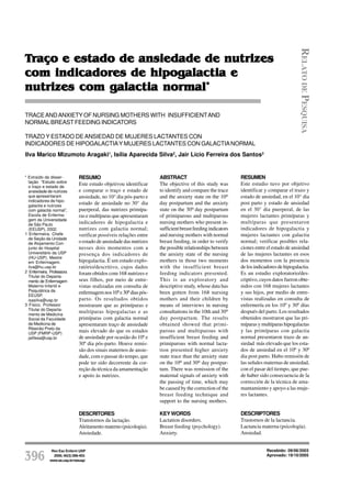 RELATO DE PESQUISA
Traço e estado de ansiedade de nutrizes
com indicadores de hipogalactia e
nutrizes com galactia normal*
                      normal

TRACE AND ANXIETY OF NURSING MOTHERS WITH INSUFFICIENT AND
NORMAL BREAST FEEDING INDICATORS

TRAZO Y ESTADO DE ANSIEDAD DE MUJERES LACTANTES CON
INDICADORES DE HIPOGALACTIA Y MUJERES LACTANTES CON GALACTIA NORMAL
Ilva Marico Mizumoto Aragaki1, Isília Aparecida Silva2, Jair Lício Ferreira dos Santos3


* Extraído da disser-          RESUMO                               ABSTRACT                                     RESUMEN
  tação “Estudo sobre
  o traço e estado de
                               Este estudo objetivou identificar    The objective of this study was              Este estudio tuvo por objetivo
  ansiedade de nutrizes        e comparar o traço e estado de       to identify and compare the trace            identificar y comparar el trazo y
  que apresentaram             ansiedade, no 10° dia pós-parto e    and the anxiety state on the 10th            estado de ansiedad, en el 10° dia
  indicadores de hipo-
  galactia e nutrizes
                               estado de ansiedade no 30° dia       day postpartum and the anxiety               post parto y estado de ansiedad
  com galactia normal”,        puerperal, das nutrizes primípa-     state on the 30th day postpartum             en el 30° dia puerperal, de las
  Escola de Enferma-           ras e multíparas que apresentaram    of primiparous and multiparous               mujeres lactantes primíparas y
  gem da Universidade
  de São Paulo                 indicadores de hipogalactia e        nursing mothers who present in-              multíparas que presentaron
  (EEUSP), 2002.               nutrizes com galactia normal;        sufficient breast feeding indicators         indicadores de hipogalactia y
1 Enfermeira. Chefe            verificar possíveis relações entre   and nursing mothers with normal              mujeres lactantes con galactia
  de Seção da Unidade
  de Alojamento Con-           o estado de ansiedade das nutrizes   breast feeding, in order to verify           normal; verificar posibles rela-
  junto do Hospital            nesses dois momentos com a           the possible relationships between           ciones entre el estado de ansiedad
  Universitário da USP         presença dos indicadores de          the anxiety state of the nursing             de las mujeres lactantes en esos
  (HU-USP). Mestre
  em Enfermagem.               hipogalactia. É um estudo explo-     mothers in those two moments                 dos momentos con la presencia
  ilva@hu.usp.br               ratório/descritivo, cujos dados      with the insufficient breast                 de los indicadores de hipogalactia.
2 Enfermeira. Professora       foram obtidos com 168 nutrizes e     feeding indicators presented.                Es un estudio exploratorio/des-
  Titular do Departa-
  mento de Enfermagem          seus filhos, por meio de entre-      This is an exploratory and                   criptivo, cuyos datos fueron obte-
  Materno-Infantil e           vistas realizadas em consulta de     descriptive study, whose data has            nidos con 168 mujeres lactantes
  Psiquiátrica da              enfermagem nos 10º e 30º dias pós-   been gotten from 168 nursing                 y sus hijos, por medio de entre-
  EEUSP.
  isasilva@usp.br              parto. Os resultados obtidos         mothers and their children by                vistas realizadas en consulta de
3 Físico. Professor            mostraram que as primíparas e        means of interviews in nursing               enfermería en los 10º y 30º días
  Titular do Departa-
  mento de Medicina
                               multíparas hipogalactas e as         consultations in the 10th and 30th           después del parto. Los resultados
  Social da Faculdade          primíparas com galactia normal       day postpartum. The results                  obtenidos mostraron que las pri-
  de Medicina de               apresentaram traço de ansiedade      obtained showed that primi-                  míparas y multíparas hipogalactas
  Ribeirão Preto da
  USP (FMRP-USP)
                               mais elevado do que os estados       parous and multiparous with                  y las primíparas con galactia
  jalifesa@usp.br              de ansiedade por ocasião do 10º e    insufficient breast feeding and              normal presentaron trazo de an-
                               30º dia pós-parto. Houve remis-      primiparous with normal lacta-               siedad más elevado que los esta-
                               são dos sinais maternos de ansie-    tion presented higher anxiety                dos de ansiedad en el 10º y 30º
                               dade, com o passar do tempo, que     state trace than the anxiety state           dia post parto. Hubo remisión de
                               pode ter sido decorrente da cor-     on the 10th and 30th day postpar-            las señales maternas de ansiedad,
                               reção da técnica da amamentação      tum. There was remission of the              con el pasar del tiempo, que pue-
                               e apoio às nutrizes.                 maternal signals of anxiety with             de haber sido consecuencia de la
                                                                    the passing of time, which may               corrección de la técnica de ama-
                                                                    be caused by the correction of the           mantamiento y apoyo a las muje-
                                                                    breast feeding technique and                 res lactantes.
                                                                    support to the nursing mothers.

                               DESCRITORES                          KEY WORDS                                    DESCRIPTORES
                               Transtornos da lactação.             Lactation disorders.                         Trastornos de la lactancia.
                               Aleitamento materno (psicologia).    Breast feeding (psychology).                 Lactancia materna (psicología).
                               Ansiedade.                           Anxiety.                                     Ansiedad.


               Rev Esc Enferm USP                                                                                               Recebido: 09/06/2003
                                                                                                 Traço e estado de ansiedade de nutrizes com indicadores

396             2006; 40(3):396-403.
              www.ee.usp.br/reeusp/
                                                                                                                                Aprovado: 19/10/2005
                                                                                                 de hipogalactia e nutrizes com galactia normal
                                                                                                 Aragaki IMM, Silva IA, Santos JLF.
 