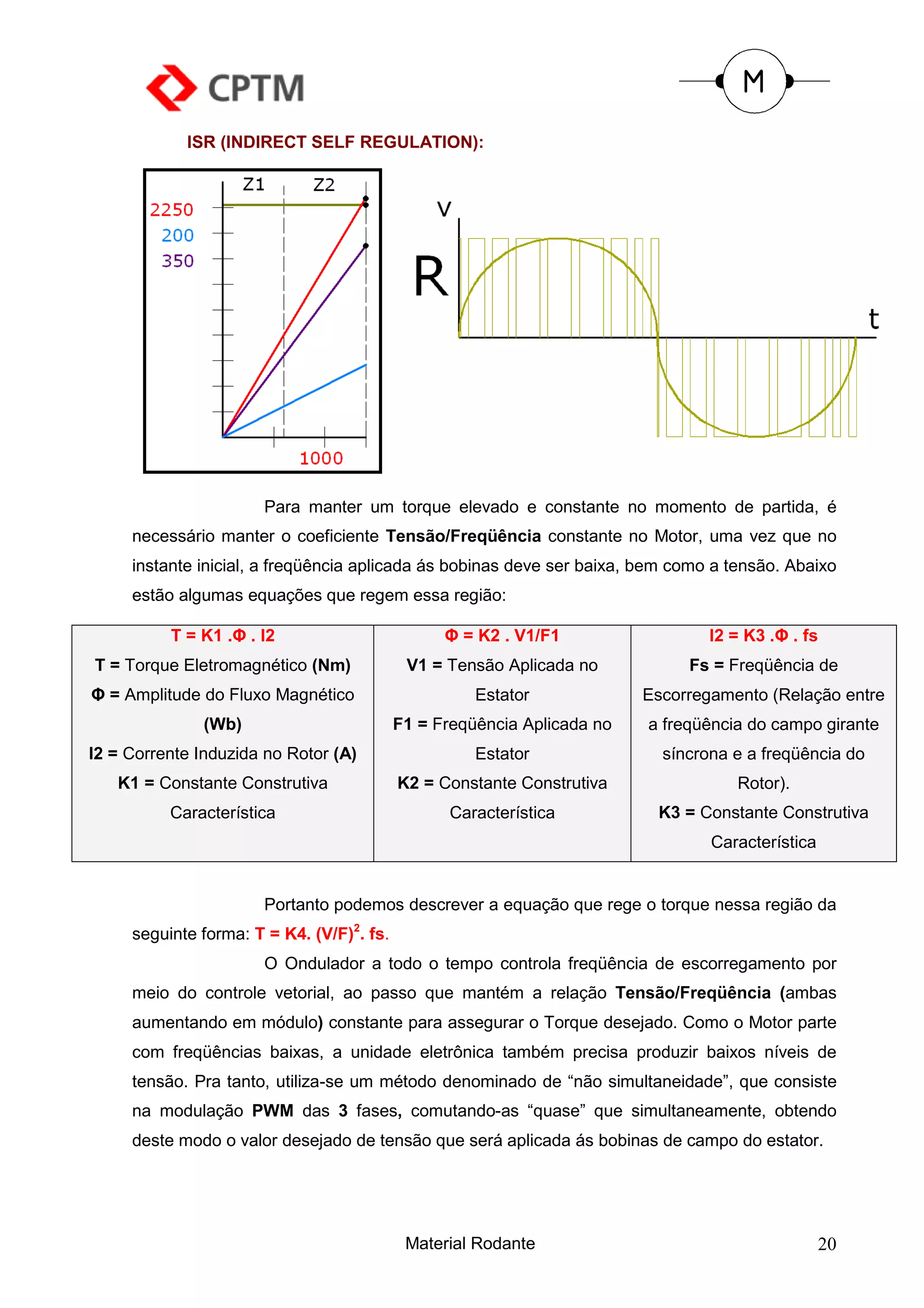 ISR (INDIRECT SELF REGULATION):




                      Para manter um torque elevado e constante no momento de partida, é
     necessário manter o coeficiente Tensão/Freqüência constante no Motor, uma vez que no
     instante inicial, a freqüência aplicada ás bobinas deve ser baixa, bem como a tensão. Abaixo
     estão algumas equações que regem essa região:

          T = K1 .Φ . I2                         Φ = K2 . V1/F1                  I2 = K3 .Φ . fs
T = Torque Eletromagnético (Nm)             V1 = Tensão Aplicada no           Fs = Freqüência de
Φ = Amplitude do Fluxo Magnético                     Estator             Escorregamento (Relação entre
               (Wb)                        F1 = Freqüência Aplicada no   a freqüência do campo girante
I2 = Corrente Induzida no Rotor (A)                  Estator               síncrona e a freqüência do
   K1 = Constante Construtiva              K2 = Constante Construtiva               Rotor).
          Característica                          Característica          K3 = Constante Construtiva
                                                                                 Característica


                      Portanto podemos descrever a equação que rege o torque nessa região da
     seguinte forma: T = K4. (V/F)2. fs.
                      O Ondulador a todo o tempo controla freqüência de escorregamento por
     meio do controle vetorial, ao passo que mantém a relação Tensão/Freqüência (ambas
     aumentando em módulo) constante para assegurar o Torque desejado. Como o Motor parte
     com freqüências baixas, a unidade eletrônica também precisa produzir baixos níveis de
     tensão. Pra tanto, utiliza-se um método denominado de “não simultaneidade”, que consiste
     na modulação PWM das 3 fases, comutando-as “quase” que simultaneamente, obtendo
     deste modo o valor desejado de tensão que será aplicada ás bobinas de campo do estator.




                                            Material Rodante                                      20
 
