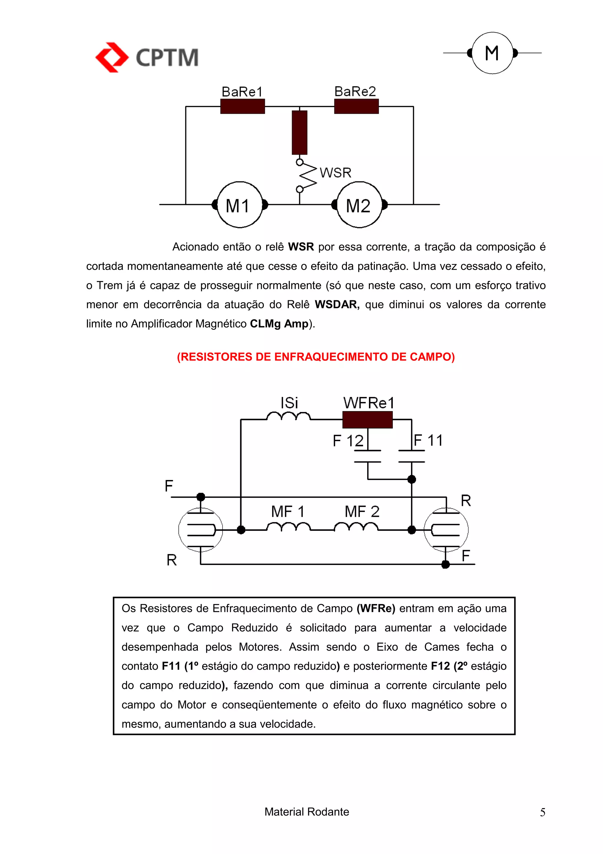 Acionado então o relê WSR por essa corrente, a tração da composição é
cortada momentaneamente até que cesse o efeito da patinação. Uma vez cessado o efeito,
o Trem já é capaz de prosseguir normalmente (só que neste caso, com um esforço trativo
menor em decorrência da atuação do Relê WSDAR, que diminui os valores da corrente
limite no Amplificador Magnético CLMg Amp).

                 (RESISTORES DE ENFRAQUECIMENTO DE CAMPO)




      Os Resistores de Enfraquecimento de Campo (WFRe) entram em ação uma
      vez que o Campo Reduzido é solicitado para aumentar a velocidade
      desempenhada pelos Motores. Assim sendo o Eixo de Cames fecha o
      contato F11 (1º estágio do campo reduzido) e posteriormente F12 (2º estágio
      do campo reduzido), fazendo com que diminua a corrente circulante pelo
      campo do Motor e conseqüentemente o efeito do fluxo magnético sobre o
      mesmo, aumentando a sua velocidade.




                                 Material Rodante                                   5
 