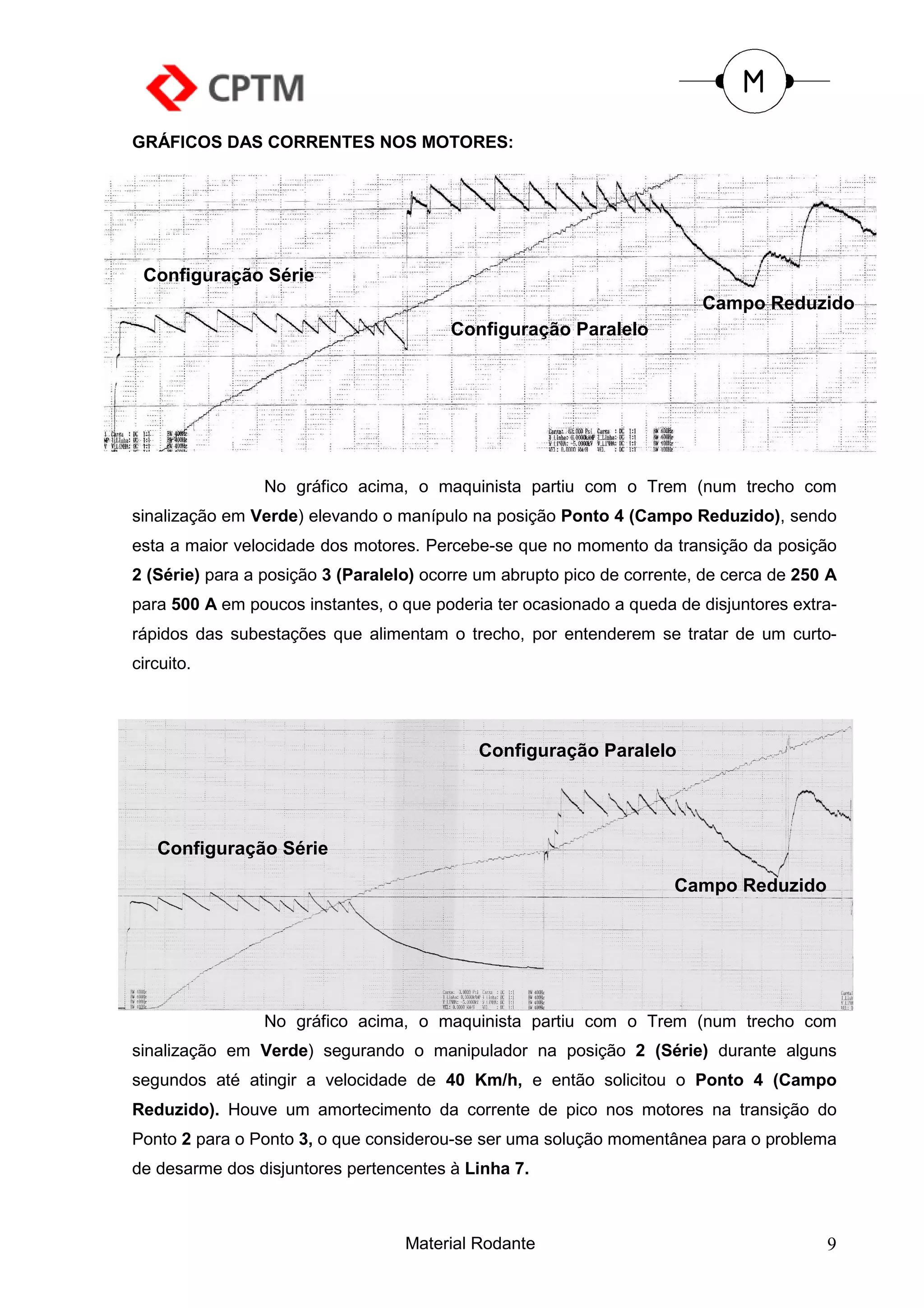 GRÁFICOS DAS CORRENTES NOS MOTORES:




 Configuração Série
                                                                         Campo Reduzido
                                         Configuração Paralelo




                 No gráfico acima, o maquinista partiu com o Trem (num trecho com
sinalização em Verde) elevando o manípulo na posição Ponto 4 (Campo Reduzido), sendo
esta a maior velocidade dos motores. Percebe-se que no momento da transição da posição
2 (Série) para a posição 3 (Paralelo) ocorre um abrupto pico de corrente, de cerca de 250 A
para 500 A em poucos instantes, o que poderia ter ocasionado a queda de disjuntores extra-
rápidos das subestações que alimentam o trecho, por entenderem se tratar de um curto-
circuito.




                                            Configuração Paralelo




   Configuração Série
                                                                      Campo Reduzido




                 No gráfico acima, o maquinista partiu com o Trem (num trecho com
sinalização em Verde) segurando o manipulador na posição 2 (Série) durante alguns
segundos até atingir a velocidade de 40 Km/h, e então solicitou o Ponto 4 (Campo
Reduzido). Houve um amortecimento da corrente de pico nos motores na transição do
Ponto 2 para o Ponto 3, o que considerou-se ser uma solução momentânea para o problema
de desarme dos disjuntores pertencentes à Linha 7.



                                   Material Rodante                                      9
 