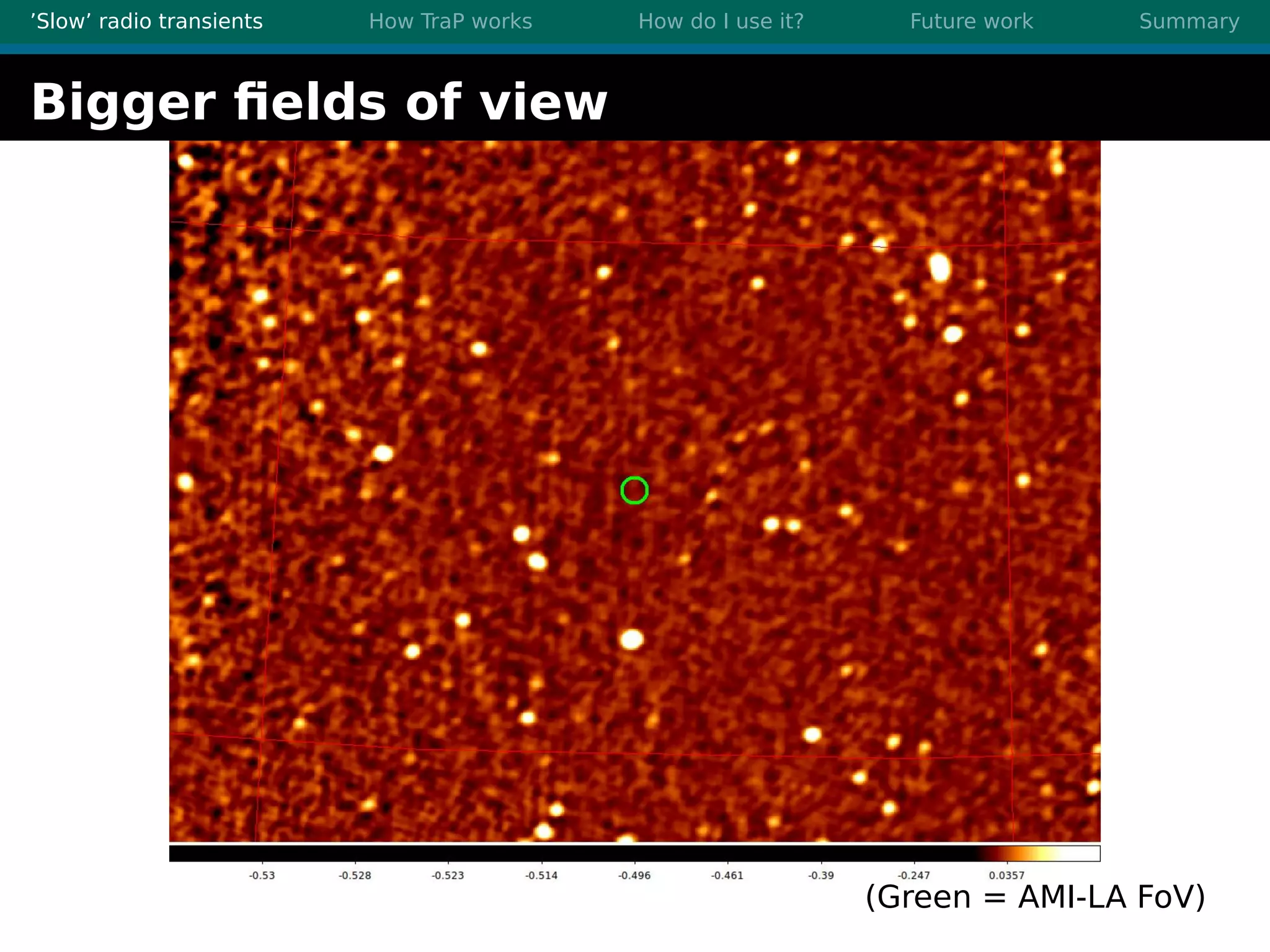 ’Slow’ radio transients How TraP works How do I use it? Future work Summary
Bigger ﬁelds of view
(Green = AMI-LA FoV)
 