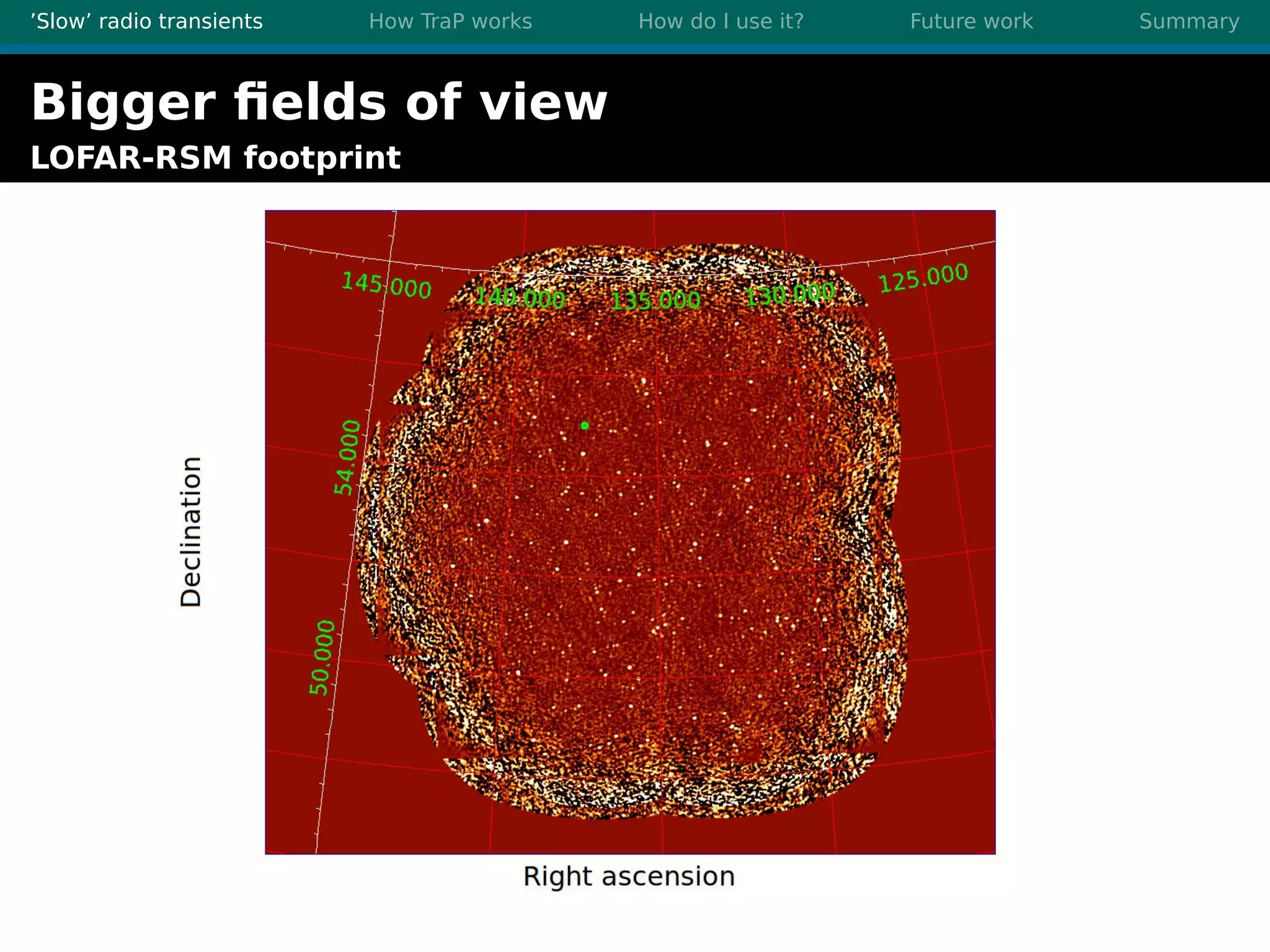 ’Slow’ radio transients How TraP works How do I use it? Future work Summary
Bigger ﬁelds of view
LOFAR-RSM footprint
 