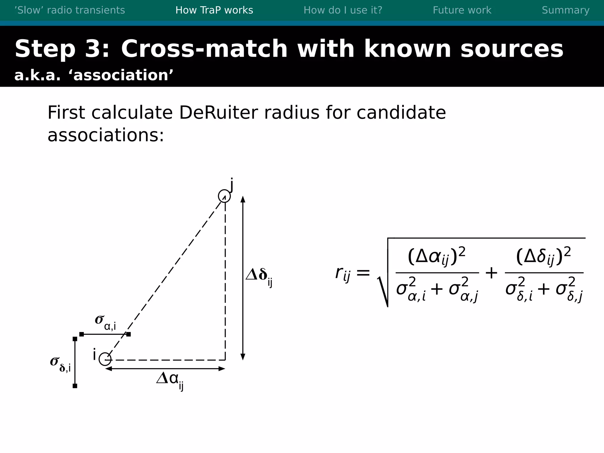 ’Slow’ radio transients How TraP works How do I use it? Future work Summary
Step 3: Cross-match with known sources
a.k.a. ‘association’
First calculate DeRuiter radius for candidate
associations:
i
j
αij
ij
α,i
,i
rj =
(Δαj)2
σ2
α, + σ2
α,j
+
(Δδj)2
σ2
δ, + σ2
δ,j
 