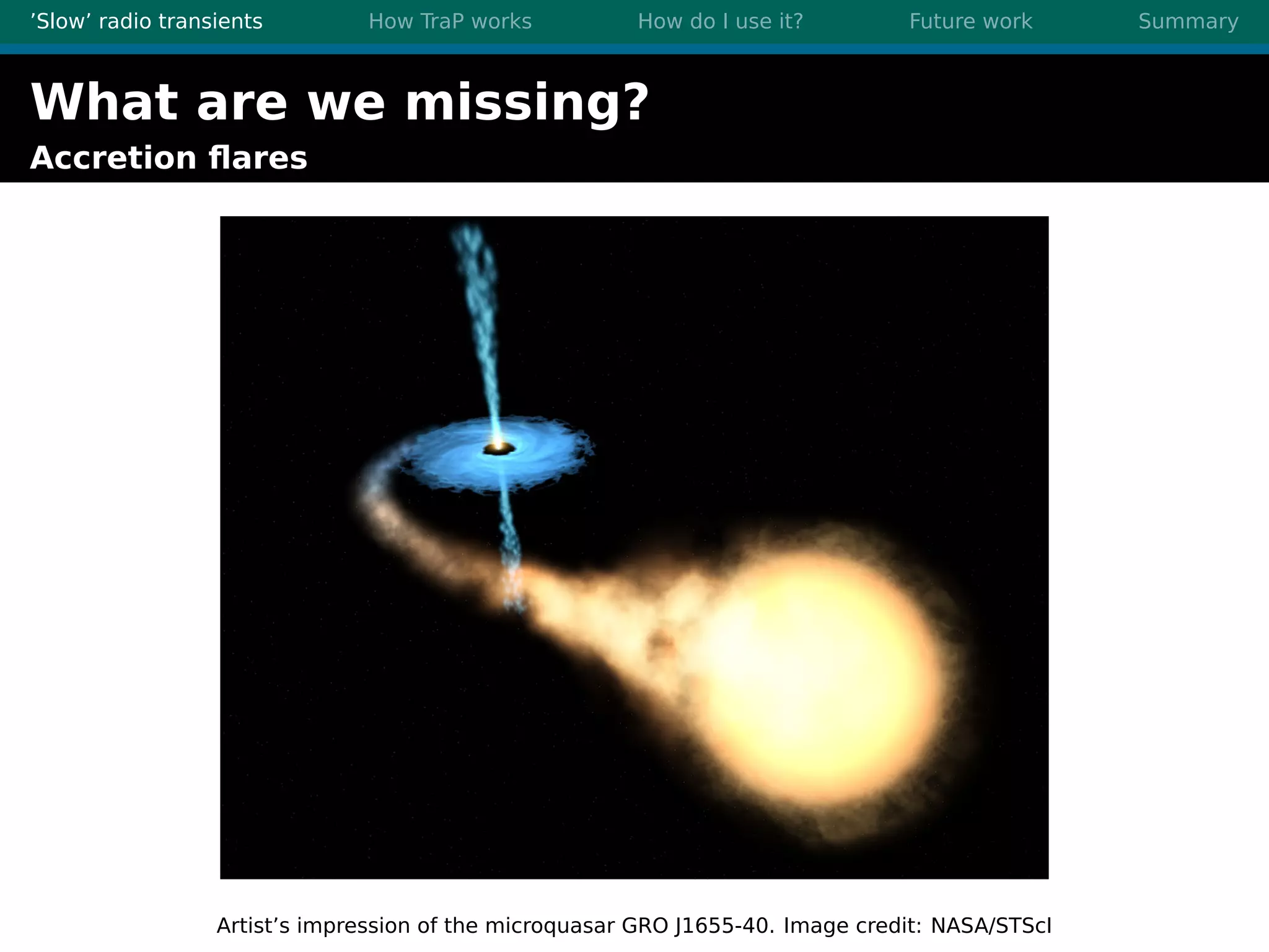 ’Slow’ radio transients How TraP works How do I use it? Future work Summary
What are we missing?
Accretion ﬂares
Artist’s impression of the microquasar GRO J1655-40. Image credit: NASA/STScI
 