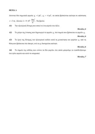 ΘΕΜΑ Δ 
Δίνονται δύο σημειακά φορτία q1 = 1 μC , 2 q = −4 μC, τα οποία βρίσκονται ακίνητα σε απόσταση 
r = 3 m. Δίνεται 
2 
9 
Nm 
k = ⋅ . Να βρείτε: 
2 
9 10 
C 
Δ1) Την ηλεκτρική δύναμη που ασκεί το ένα φορτίο στο άλλο. 
Μονάδες 6 
Δ2) Το μέτρο της έντασης που δημιουργεί το φορτίο 2 q στο σημείο που βρίσκεται το φορτίο 1 q . 
Μονάδες 6 
Δ3) Το έργο της δύναμης του ηλεκτρικού πεδίου κατά τη μετακίνηση του φορτίου 1 q από τη 
θέση που βρίσκεται στο άπειρο, ενώ το q2 διατηρείται ακίνητο. 
Μονάδες 6 
Δ4) Το σημείο της ευθείας που ενώνει τα δύο φορτία, στο οποίο μπορούμε να τοποθετήσουμε 
ένα τρίτο φορτίο και αυτό να ισορροπεί. 
Μονάδες 7 
 