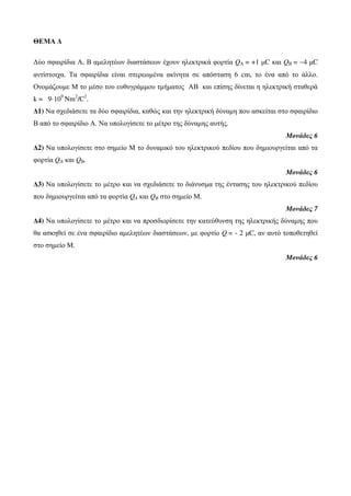 ΘΕΜΑ Δ 
Δύο σφαιρίδια Α, Β αμελητέων διαστάσεων έχουν ηλεκτρικά φορτία QΑ = +1 μC και QΒ = −4 μC 
αντίστοιχα. Τα σφαιρίδια είναι στερεωμένα ακίνητα σε απόσταση 6 cm, το ένα από το άλλο. 
Ονομάζουμε Μ το μέσο του ευθυγράμμου τμήματος ΑΒ και επίσης δίνεται η ηλεκτρική σταθερά 
k = 9·109 Nm2/C2. 
Δ1) Να σχεδιάσετε τα δύο σφαιρίδια, καθώς και την ηλεκτρική δύναμη που ασκείται στο σφαιρίδιο 
Β από το σφαιρίδιο Α. Να υπολογίσετε το μέτρο της δύναμης αυτής. 
Μονάδες 6 
Δ2) Να υπολογίσετε στο σημείο Μ το δυναμικό του ηλεκτρικού πεδίου που δημιουργείται από τα 
φορτία QΑ και QΒ. 
Μονάδες 6 
Δ3) Να υπολογίσετε το μέτρο και να σχεδιάσετε το διάνυσμα της έντασης του ηλεκτρικού πεδίου 
που δημιουργείται από τα φορτία QA και QB στο σημείο Μ. 
Μονάδες 7 
Δ4) Να υπολογίσετε το μέτρο και να προσδιορίσετε την κατεύθυνση της ηλεκτρικής δύναμης που 
θα ασκηθεί σε ένα σφαιρίδιο αμελητέων διαστάσεων, με φορτίο Q = - 2 μC, αν αυτό τοποθετηθεί 
στο σημείο Μ. 
Μονάδες 6 
 