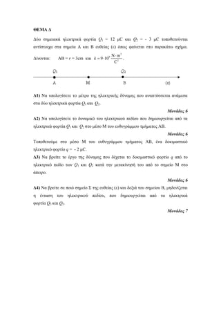 ΘΕΜΑ Δ 
Δύο σημειακά ηλεκτρικά φορτία Q1 = 12 μC και Q2 = - 3 μC τοποθετούνται 
αντίστοιχα στα σημεία Α και Β ευθείας (ε) όπως φαίνεται στο παρακάτω σχήμα. 
Δίνονται: ΑΒ = r = 3cm και 
2 
9 
N m 
2 
9 10 
C 
k 
 
  . 
Δ1) Να υπολογίσετε το μέτρο της ηλεκτρικής δύναμης που αναπτύσσεται ανάμεσα 
στα δύο ηλεκτρικά φορτία Q1 και Q2. 
Μονάδες 6 
Δ2) Να υπολογίσετε το δυναμικό του ηλεκτρικού πεδίου που δημιουργείται από τα 
ηλεκτρικά φορτία Q1 και Q2 στο μέσο Μ του ευθυγράμμου τμήματος ΑΒ. 
Μονάδες 6 
Τοποθετούμε στο μέσο Μ του ευθυγράμμου τμήματος ΑΒ, ένα δοκιμαστικό 
ηλεκτρικό φορτίο q = - 2 μC. 
Δ3) Να βρείτε το έργο της δύναμης που δέχεται το δοκιμαστικό φορτίο q από το 
ηλεκτρικό πεδίο των Q1 και Q2 κατά την μετακίνησή του από το σημείο Μ στο 
άπειρο. 
Μονάδες 6 
Δ4) Να βρείτε σε ποιό σημείο Σ της ευθείας (ε) και δεξιά του σημείου Β, μηδενίζεται 
η ένταση του ηλεκτρικού πεδίου, που δημιουργείται από τα ηλεκτρικά 
φορτία Q1 και Q2. 
Μονάδες 7 
 