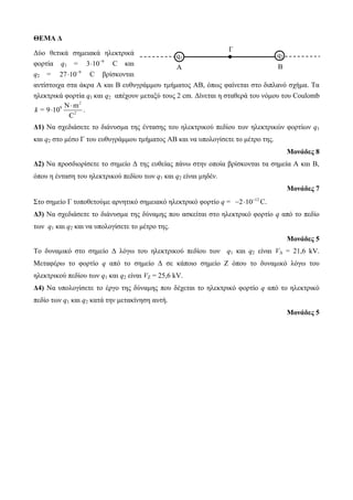 ΘΕΜΑ Δ 
Γύο θεηικά ζημειακά ηλεκηπικά 
θοπηία q1 = 9 3 10  C και 
q2 = 9 27 10  C βπίζκονηαι 
ανηίζηοισα ζηα άκπα Α και Β εςθςγπάμμος ημήμαηορ ΑΒ, όπωρ θαίνεηαι ζηο διπλανό ζσήμα. Τα 
ηλεκηπικά θοπηία q1 και q2 απέσοςν μεηαξύ ηοςρ 2 cm. Γίνεηαι η ζηαθεπά ηος νόμος ηος Coulomb 
9 N m 
 . 
9 10 
 
C 
2 
2 k = 
q1 q2 
Δ1) Να ζσεδιάζεηε ηο διάνςζμα ηηρ ένηαζηρ ηος ηλεκηπικού πεδίος ηων ηλεκηπικών θοπηίων q1 
και q2 ζηο μέζο Γ ηος εςθςγπάμμος ημήμαηορ ΑΒ και να ςπολογίζεηε ηο μέηπο ηηρ. 
Μονάδες 8 
Δ2) Να πποζδιοπίζεηε ηο ζημείο Γ ηηρ εςθείαρ πάνω ζηην οποία βπίζκονηαι ηα ζημεία Α και Β, 
όπος η ένηαζη ηος ηλεκηπικού πεδίος ηων q1 και q2 είναι μηδέν. 
Μονάδες 7 
Σηο ζημείο Γ ηοποθεηούμε απνηηικό ζημειακό ηλεκηπικό θοπηίο q = 12 2 10   C. 
Δ3) Να ζσεδιάζεηε ηο διάνςζμα ηηρ δύναμηρ πος αζκείηαι ζηο ηλεκηπικό θοπηίο q από ηο πεδίο 
ηων q1 και q2 και να ςπολογίζεηε ηο μέηπο ηηρ. 
Μονάδες 5 
Το δςναμικό ζηο ζημείο Γ λόγω ηος ηλεκηπικού πεδίος ηων q1 και q2 είναι VΓ = 21,6 kV. 
Μεηαθέπω ηο θοπηίο q από ηο ζημείο Γ ζε κάποιο ζημείο Ζ όπος ηο δςναμικό λόγω ηος 
ηλεκηπικού πεδίος ηων q1 και q2 είναι VΖ = 25,6 kV. 
Δ4) Να ςπολογίζεηε ηο έπγο ηηρ δύναμηρ πος δέσεηαι ηο ηλεκηπικό θοπηίο q από ηο ηλεκηπικό 
πεδίο ηων q1 και q2 καηά ηην μεηακίνηζη αςηή. 
Μονάδες 5 
Γ 
Α Β 
 