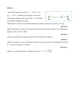 ΘΕΜΑ Δ 
Δύο ακίνητα σημειακά φορτία 6 
Q1 12 10 C     και 
Q   4  10  6 
C βρίσκονται στα σημεία Α και Β ενός 
2 ευθυγράμμου τμήματος ΑΒ με μήκος AB = 4 m. Μεταξύ 
των φορτίων παρεμβάλλεται αέρας. 
Γ 
Α Β 
Δ1) Να βρείτε το μέτρο της ηλεκτρικής δύναμης που ασκείται μεταξύ των φορτίων 1 Q και 2 Q . 
Μονάδες 6 
Δ2) Να υπολογίσετε τη τιμή του δυναμικού του ηλεκτρικού πεδίου στο σημείο Γ του ευθύγραμμου 
τμήματος ΑΒ αν (ΑΓ) = 3(ΓΒ). 
Μονάδες 6 
Δ3) Να υπολογίσετε την ένταση του πεδίου των δύο φορτίων στο σημείο Γ. 
Μονάδες 7 
Δ4) Να υπολογίσετε το έργο της δύναμης του πεδίου για την μεταφορά ενός δοκιμαστικού φορτίου 
q = 2 μC από το σημείο Γ στο άπειρο. 
Μονάδες 6 
Δίδεται η τιμή της ηλεκτρικής σταθεράς στον αέρα 
2 
9 
N m 
2 
9 10 
C 
k = 
 
 
Q1 Q2 
 