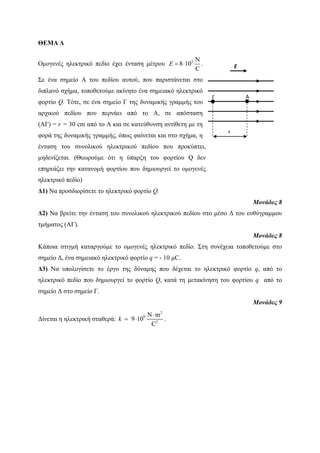 ΘΕΜΑ Δ 
Ομογενές ηλεκτρικό πεδίο έχει ένταση μέτρου 5 N 
E  8  10 
. 
C 
Σε ένα σημείο Α του πεδίου αυτού, που παριστάνεται στο 
διπλανό σχήμα, τοποθετούμε ακίνητο ένα σημειακό ηλεκτρικό 
φορτίο Q. Τότε, σε ένα σημείο Γ της δυναμικής γραμμής του 
αρχικού πεδίου που περνάει από το Α, σε απόσταση 
(ΑΓ) = r = 30 cm από το Α και σε κατεύθυνση αντίθετη με τη 
φορά της δυναμικής γραμμής, όπως φαίνεται και στο σχήμα, η 
ένταση του συνολικού ηλεκτρικού πεδίου που προκύπτει, 
μηδενίζεται. (Θεωρούμε ότι η ύπαρξη του φορτίου Q δεν 
επηρεάζει την κατανομή φορτίου που δημιουργεί το ομογενές 
ηλεκτρικό πεδίο) 
Δ1) Να προσδιορίσετε το ηλεκτρικό φορτίο Q. 
Μονάδες 8 
Δ2) Να βρείτε την ένταση του συνολικού ηλεκτρικού πεδίου στο μέσο Δ του ευθύγραμμου 
τμήματος (ΑΓ). 
Μονάδες 8 
Κάποια στιγμή καταργούμε το ομογενές ηλεκτρικό πεδίο. Στη συνέχεια τοποθετούμε στο 
σημείο Δ, ένα σημειακό ηλεκτρικό φορτίο q = - 10 μC. 
Δ3) Να υπολογίσετε το έργο της δύναμης που δέχεται το ηλεκτρικό φορτίο q, από το 
ηλεκτρικό πεδίο που δημιουργεί το φορτίο Q, κατά τη μετακίνηση του φορτίου q από το 
σημείο Δ στο σημείο Γ. 
Μονάδες 9 
Δίνεται η ηλεκτρική σταθερά: 
2 
9 
N m 
2 
9 10 
C 
k 
 
  . 
A 
r 
Γ 
E 
 