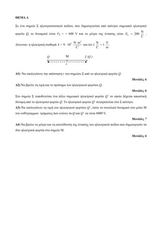 ΘΕΜΑ Δ 
Σε ένα σημείο Σ ηλεκτροστατικού πεδίου, που δημιουργείται από ακίνητο σημειακό ηλεκτρικό 
φορτίο Q, το δυναμικό είναι VΣ = + 600 V και το μέτρο της έντασης είναι 200 
C 
E  
 
 . 
Δίνονται: η ηλεκτρική σταθερά 
2 
9 
N m 
2 
9 10 
C 
k = 
 
 και ότι 
N V 
= . 
1 1 
C m 
M 
• • • 
Δ1) Να υπολογίσετε την απόσταση r του σημείου Σ από το ηλεκτρικό φορτίο Q. 
Μονάδες 6 
Δ2) Να βρείτε τη τιμή και το πρόσημο του ηλεκτρικού φορτίου Q. 
Μονάδες 6 
Στο σημείο Σ τοποθετείται ένα άλλο σημειακό ηλεκτρικό φορτίο Q΄ το οποίο δέχεται απωστική 
δύναμη από το ηλεκτρικό φορτίο Q. Το ηλεκτρικό φορτίο Q΄ συγκρατείται στο Σ ακίνητο. 
Δ3) Να υπολογίσετε τη τιμή του ηλεκτρικού φορτίου Q΄, ώστε το συνολικό δυναμικό στο μέσο Μ 
του ευθύγραμμου τμήματος που ενώνει τα Q και Q΄ να είναι 6000 V. 
Μονάδες 7 
Δ4) Να βρείτε το μέτρο και τη κατεύθυνση της έντασης του ηλεκτρικού πεδίου που δημιουργούν τα 
δύο ηλεκτρικά φορτία στο σημείο Μ. 
Μονάδες 6 
Q Σ (Q΄) 
r 
 
