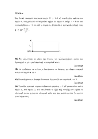 ΘΕΜΑ Δ 
Ένα θεηικό ζημειακό ηλεκηπικό θοπηίο Q = 0,1 μC ηοποθεηείηαι ακίνηηο ζηο 
ζημείο Α, όπωρ θαίνεηαι ζηο παπακάηω ζσήμα. Το ζημείο Α απέσει r1 = 3 cm από 
ηο ζημείο Κ και r2 = 6 cm από ηο ζημείο Λ. Δίνεηαι όηι η ηλεκηπική ζηαθεπά είναι: 
2 
9 
N m 
2 
9 10 
C 
k = 
 
 . 
Κ 
Δ1) Να ςπολογίζεηε ηο μέηπο ηηρ ένηαζηρ ηος ηλεκηπoζηαηικού πεδίος πος 
δημιοςπγεί ηο ηλεκηπικό θοπηίο Q, ζηα ζημεία Κ και Λ. 
Μονάδες 8 
Δ2) Να ζσεδιάζεηε ηα ανηίζηοισα διανύζμαηα ηηρ ένηαζηρ ηος ηλεκηποζηαηικού 
πεδίος ζηα ζημεία Κ και Λ. 
Μονάδες 4 
Δ3) Να ςπολογίζεηε ηη διαθοπά δςναμικού VΚΛ μεηαξύ ηων ζημείων Κ και Λ. 
Μονάδες 6 
Δ4) Ένα άλλο απνηηικό ζημειακό ηλεκηπικό θοπηίο q = -2 μC μεηακινείηαι από ηο 
ζημείο Κ ζηο ζημείο Λ. Να ςπολογίζεηε ηο έπγο ηηρ δύναμηρ πος δέσεηαι ηο 
ηλεκηπικό θοπηίο q, από ηο ηλεκηπικό πεδίο ηος ηλεκηπικού θοπηίος Q, καηά ηη 
μεηακίνηζη αςηή. 
Μονάδες 7 
A(Q) 
Λ 
r 2 
r 1 
 
