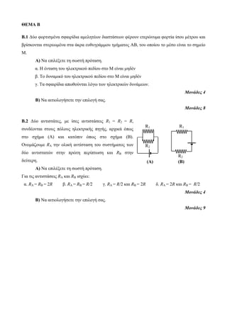 ΘΕΜΑ B 
Β.1 Δύο φορτισμένα σφαιρίδια αμελητέων διαστάσεων φέρουν ετερώνυμα φορτία ίσου μέτρου και 
βρίσκονται στερεωμένα στα άκρα ευθυγράμμου τμήματος ΑΒ, του οποίου το μέσο είναι το σημείο 
Μ. 
Α) Να επιλέξετε τη σωστή πρόταση. 
α. Η ένταση του ηλεκτρικού πεδίου στο Μ είναι μηδέν 
β. Το δυναμικό του ηλεκτρικού πεδίου στο Μ είναι μηδέν 
γ. Τα σφαιρίδια απωθούνται λόγω των ηλεκτρικών δυνάμεων. 
Μονάδες 4 
Β) Να αιτιολογήσετε την επιλογή σας. 
Μονάδες 8 
Β.2 Δύο αντιστάτες, με ίσες αντιστάσεις R1 = R2 = R, 
συνδέονται στους πόλους ηλεκτρικής πηγής, αρχικά όπως 
στο σχήμα (Α) και κατόπιν όπως στο σχήμα (Β). 
Ονομάζουμε RA την ολική αντίσταση του συστήματος των 
δύο αντιστατών στην πρώτη περίπτωση και RΒ στην 
δεύτερη. 
Α) Να επιλέξετε τη σωστή πρόταση. 
Για τις αντιστάσεις RA και RΒ ισχύει: 
α. RΑ = RΒ = 2R β. RΑ = RΒ = R/2 γ. RΑ = R/2 και RΒ = 2R δ. RΑ = 2R και RΒ = R/2 
Μονάδες 4 
Β) Να αιτιολογήσετε την επιλογή σας. 
Μονάδες 9 
R1 
R2 
R1 
R2 
(A) (B) 
 