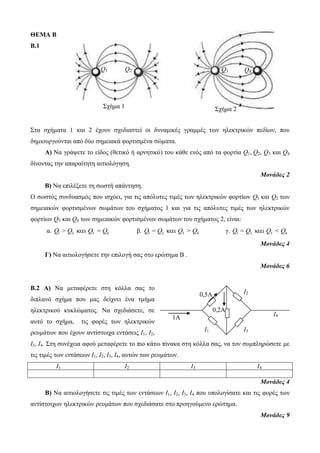 1Α 
0,5Α 
Q3 Q4 
0,2Α 
Ι1 
Ι2 
Ι3 
Ι4 
ΘΕΜΑ Β 
Β.1 
Q1 Q2 
Σηα ζσήμαηα 1 και 2 έσοςν ζσεδιαζηεί οι δςναμικέρ γπαμμέρ ηυν ηλεκηπικών πεδίυν, πος 
δημιοςπγούνηαι από δύο ζημειακά θοπηιζμένα ζώμαηα. 
Α) Να γπάτεηε ηο είδορ (θεηικό ή απνηηικό) ηος κάθε ενόρ από ηα θοπηία Q1, Q2, Q3 και Q4 
δίνονηαρ ηην απαπαίηηηη αιηιολόγηζη. 
Μονάδες 2 
Β) Να επιλέξεηε ηη ζυζηή απάνηηζη. 
Ο ζυζηόρ ζςνδςαζμόρ πος ιζσύει, για ηιρ απόλςηερ ηιμέρ ηυν ηλεκηπικών θοπηίυν Q1 και Q2 ηυν 
ζημειακών θοπηιζμένυν ζυμάηυν ηος ζσήμαηορ 1 και για ηιρ απόλςηερ ηιμέρ ηυν ηλεκηπικών 
θοπηίυν Q3 και Q4 ηυν ζημειακών θοπηιζμένυν ζυμάηυν ηος ζσήμαηορ 2, είναι: 
α. 1 2 3 4 Q > Q  Q = Q 
β. 1 2 3 4 Q = Q  Q > Q γ. 1 2 3 4 Q = Q  Q < Q 
Μονάδες 4 
Γ) Να αιηιολογήζεηε ηην επιλογή ζαρ ζηο επώηημα Β . 
Μονάδες 6 
Β.2 A) Να μεηαθέπεηε ζηη κόλλα ζαρ ηο 
διπλανό ζσήμα πος μαρ δείσνει ένα ημήμα 
ηλεκηπικού κςκλώμαηορ. Να ζσεδιάζεηε, ζε 
αςηό ηο ζσήμα, ηιρ θοπέρ ηυν ηλεκηπικών 
πεςμάηυν πος έσοςν ανηίζηοισα ενηάζειρ Ι1, Ι2, 
Ι3, Ι4. Σηη ζςνέσεια αθού μεηαθέπεηε ηο πιο κάηυ πίνακα ζηη κόλλα ζαρ, να ηον ζςμπληπώζεηε με 
ηιρ ηιμέρ ηυν ενηάζευν Ι1, Ι2, Ι3, Ι4, αςηών ηυν πεςμάηυν. 
Ι1 Ι2 Ι3 Ι4 
Μονάδες 4 
Β) Να αιηιολογήζεηε ηιρ ηιμέρ ηυν ενηάζευν Ι1, Ι2, Ι3, Ι4 πος ςπολογίζαηε και ηιρ θοπέρ ηυν 
ανηίζηοισυν ηλεκηπικών πεςμάηυν πος ζσεδιάζαηε ζηο πποηγούμενο επώηημα. 
Μονάδες 9 
Σσήμα 1 
Σσήμα 2 
 