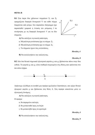 V 
I 
(Σ1) 
(Σ2) 
ΘΕΜΑ Β 
B.1 Στα άκρα δύο χάλκινων συρμάτων Σ1 και Σ2 
εφαρμόζεται διαφορά δυναμικού V και κάθε σύρμα 
διαρρέεται από ρεύμα. Στο παρακάτω διάγραμμα έχει 
παρασταθεί γραφικά η ένταση του ρεύματος I σε 
συνάρτηση με τη διαφορά δυναμικού V για τα δύο 
σύρματα. 
A) Να επιλέξετε τη σωστή απάντηση. 
α. Μεγαλύτερη αντίσταση έχει το σύρμα Σ1 
β. Μεγαλύτερη αντίσταση έχει το σύρμα Σ2 
γ. Τα σύρματα έχουν ίσες αντιστάσεις. 
Μονάδες 4 
Β) Να αιτιολογήσετε την επιλογή σας. 
Μονάδες 8 
B.2 Δύο ίσα θετικά σημειακά ηλεκτρικά φορτία q1 και q2 βρίσκονται πάνω στην ίδια 
ευθεία. Τα φορτία q1 και q2 είναι σταθερά στερεωμένα στις θέσεις που φαίνονται στο 
πιο κάτω σχήμα. 
Αφήνουμε ελεύθερη να κινηθεί μια σφαίρα αμελητέων διαστάσεων, που φέρει θετικό 
ηλεκρικό φορτίο q και βρίσκεται στη θέση A. Στη σφαίρα ασκούνται μόνο οι 
ηλεκτρικές δυνάμεις. 
A) Να επιλέξετε τη σωστή απάντηση. 
Η σφαίρα: 
α. θα παραμείνει ακίνητη 
β. θα μετακινηθεί προς τα δεξιά 
γ. θα μετακινηθεί προς τα αριστερά 
Μονάδες 4 
Β) Να αιτιολογήσετε την επιλογή σας. 
Μονάδες 9 
q1 q 
A 
q2 
 
