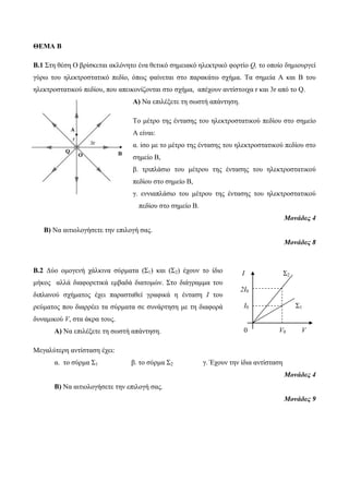 ΘΕΜΑ Β 
Β.1 Στη θέση Ο βρίσκεται ακλόνητο ένα θετικό σημειακό ηλεκτρικό φορτίο Q, το οποίο δημιουργεί 
γύρω του ηλεκτροστατικό πεδίο, όπως φαίνεται στο παρακάτω σχήμα. Τα σημεία Α και Β του 
ηλεκτροστατικού πεδίου, που απεικονίζονται στο σχήμα, απέχουν αντίστοιχα r και 3r από το Q. 
Α) Να επιλέξετε τη σωστή απάντηση. 
Το μέτρο της έντασης του ηλεκτροστατικού πεδίου στο σημείο 
Α είναι: 
α. ίσο με το μέτρο της έντασης του ηλεκτροστατικού πεδίου στο 
σημείο Β, 
β. τριπλάσιο του μέτρου της έντασης του ηλεκτροστατικού 
πεδίου στο σημείο Β, 
γ. εννιαπλάσιο του μέτρου της έντασης του ηλεκτροστατικού 
πεδίου στο σημείο Β. 
Μονάδες 4 
Β) Να αιτιολογήσετε την επιλογή σας. 
Μονάδες 8 
Β.2 Δύο ομογενή χάλκινα σύρματα (Σ1) και (Σ2) έχουν το ίδιο 
μήκος αλλά διαφορετικά εμβαδά διατομών. Στο διάγραμμα του 
διπλανού σχήματος έχει παρασταθεί γραφικά η ένταση I του 
ρεύματος που διαρρέει τα σύρματα σε συνάρτηση με τη διαφορά 
δυναμικού V, στα άκρα τους. 
Α) Να επιλέξετε τη σωστή απάντηση. 
Μεγαλύτερη αντίσταση έχει: 
Ι Σ2 
α. το σύρμα Σ1 β. το σύρμα Σ2 γ. Έχουν την ίδια αντίσταση 
Μονάδες 4 
Β) Να αιτιολογήσετε την επιλογή σας. 
Μονάδες 9 
2Ι0 
Ι0 Σ1 
0 V0 V 
 
