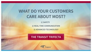 THE TRANSIT TRIFECTA
WHAT DO YOUR CUSTOMERS
CARE ABOUT MOST?
1) SAFETY
2) REAL-TIME COMMUNICATION
3) ADVANCED TECHNOLOGY
 