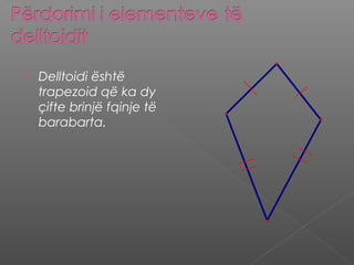 Teorema 9-18
 Nëse një
katërkëndësh është
delltoid, atëherë
diagonalet e tij janë
pingule.
 AC ⊥ BD
B
C
A
D
 
