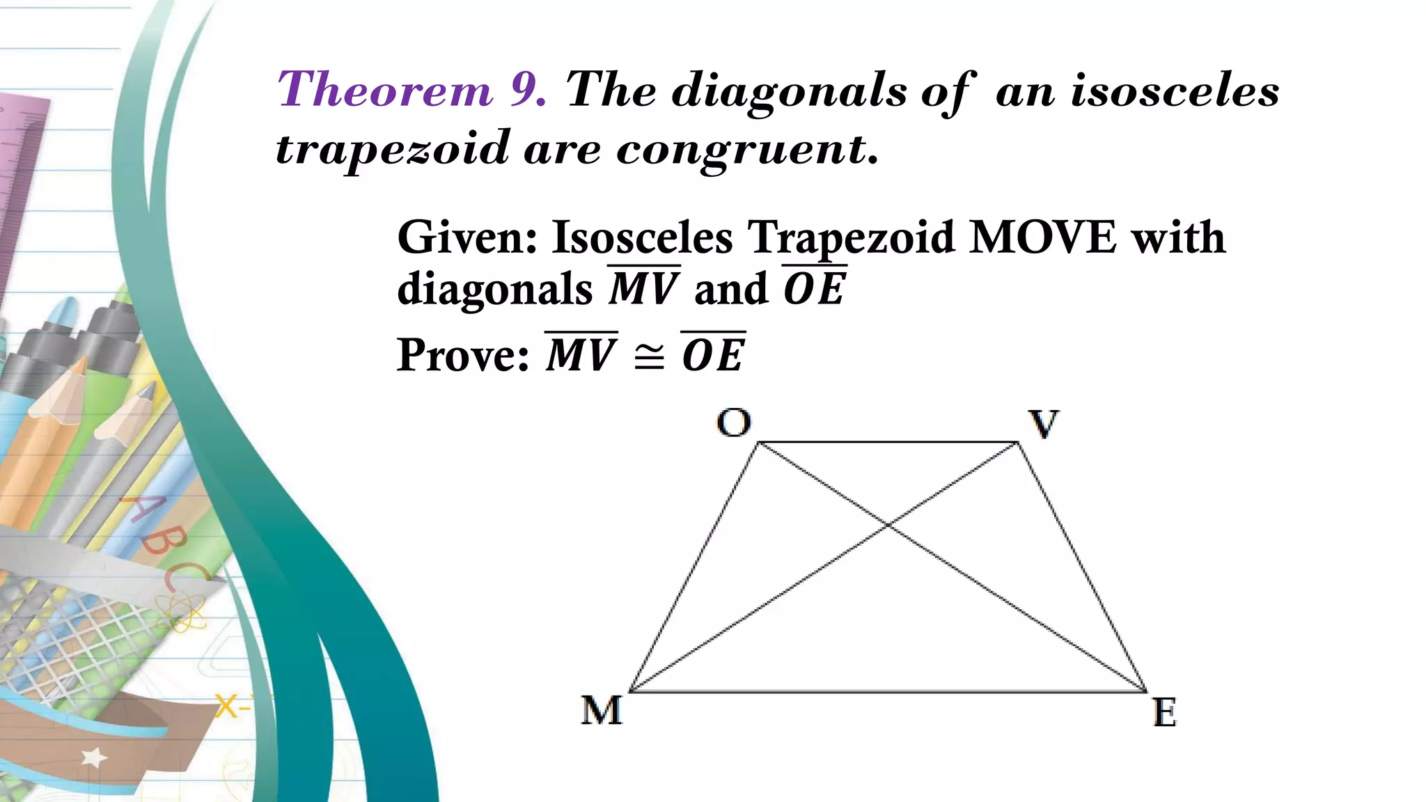 Theorem 9. The diagonals of an isosceles
trapezoid are congruent.
Given: Isosceles Trapezoid MOVE with
diagonals 𝑴𝑽 and 𝑶𝑬
Prove: 𝑴𝑽 ≅ 𝑶𝑬
 