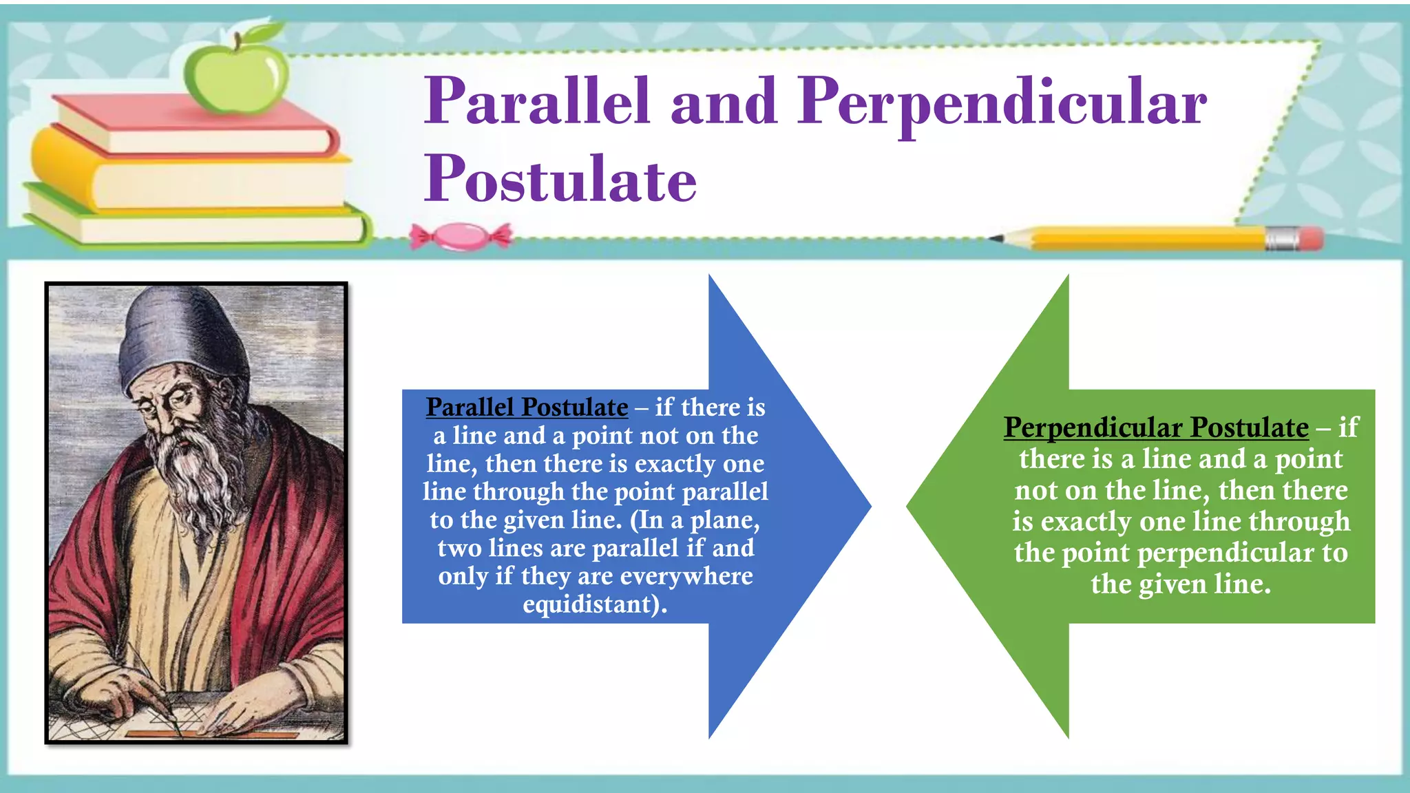 Parallel and Perpendicular
Postulate
Parallel Postulate – if there is
a line and a point not on the
line, then there is exactly one
line through the point parallel
to the given line. (In a plane,
two lines are parallel if and
only if they are everywhere
equidistant).
Perpendicular Postulate – if
there is a line and a point
not on the line, then there
is exactly one line through
the point perpendicular to
the given line.
 
