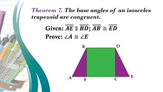 Theorem 7. The base angles of an isosceles
trapezoid are congruent.
Given: 𝑨𝑬 ∥ 𝑩𝑫; 𝑨𝑩 ≅ 𝑬𝑫
Prove: ∠𝑨 ≅ ∠𝑬
 