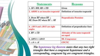 Statements Reasons
1. 𝑨𝑬 ∥ 𝑩𝑫; 𝑨𝑩 ≅ 𝑬𝑫 Given
2. ABDE is an isosceles trapezoid Definition of isosceles trapezoid
3. Draw 𝑩𝑭 where 𝑩𝑭 ⊥
𝑨𝑬; Draw 𝑫𝑪 where 𝑫𝑪 ⊥ 𝑨𝑬
Perpendicular Postulate
4. ∠𝑩𝑭𝑨 and ∠𝑫𝑪𝑬 are right
angles
Definition of perpendicular lines
5. 𝑩𝑭 ≅ 𝑪𝑫 Altitudes of the same trapezoid
are equal
6. ∆𝑩𝑭𝑨 ≅ ∆𝑫𝑪𝑬 HL Congruence
7. ∠𝑨 ≅ ∠𝑬 CPCTC
The hypotenuse leg theorem states that any two right
triangles that have a congruent hypotenuse and a
corresponding, congruent leg are congruent triangles.
 