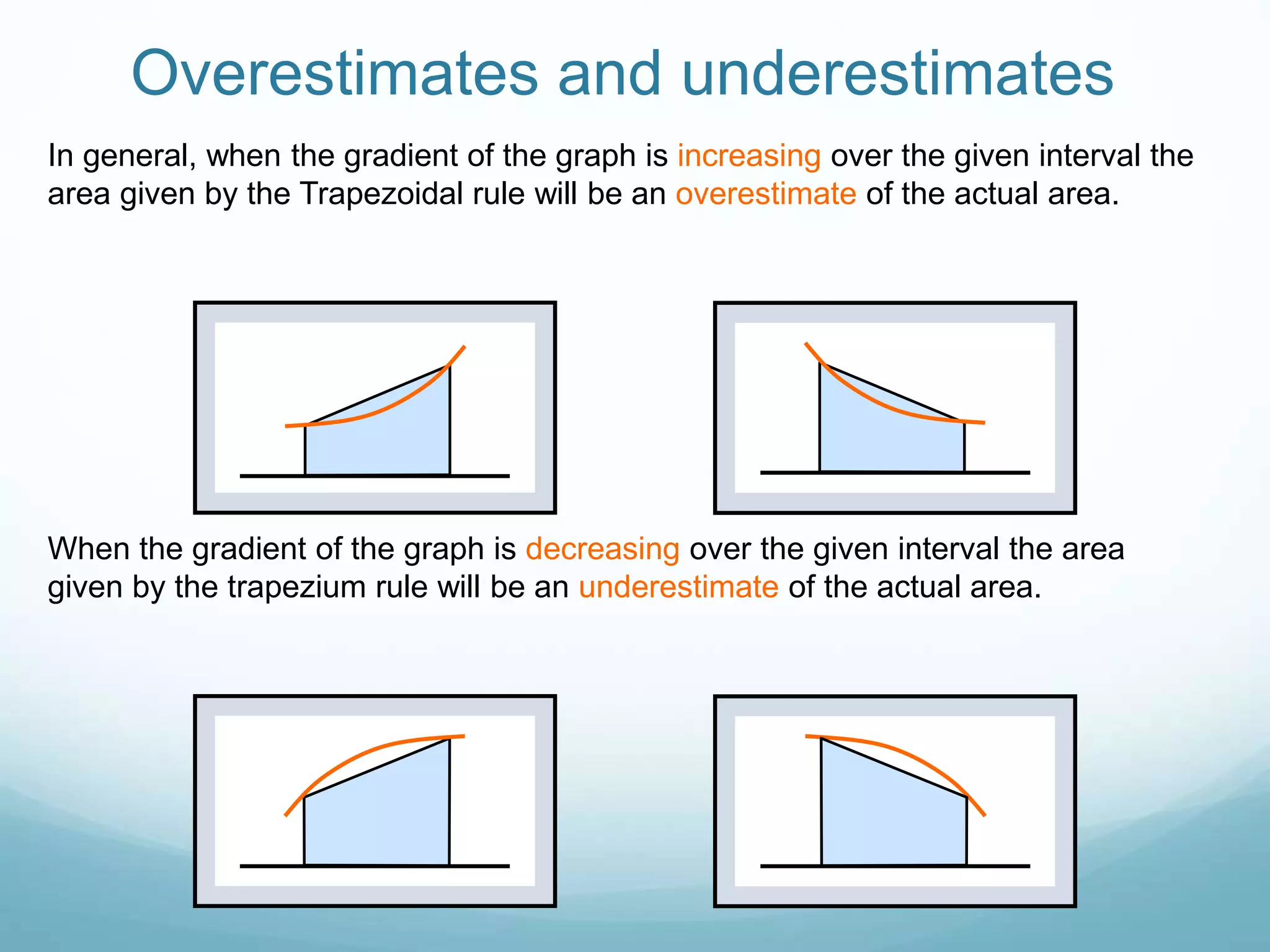 Overestimates and underestimates
In general, when the gradient of the graph is increasing over the given interval the
area given by the Trapezoidal rule will be an overestimate of the actual area.
When the gradient of the graph is decreasing over the given interval the area
given by the trapezium rule will be an underestimate of the actual area.
 
