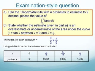Examination-style question
a) Use the Trapezoidal rule with 4 ordinates to estimate to 2
decimal places the value of
b) State whether the estimate given in part a) is an
overestimate or underestimate of the area under the curve
y = tan x between x = 0 and x = .3

3
0
tan xdx


Using a table to record the value of each ordinate:
The width h of each trapezium = 3
=
3 9


1.7320.8390.3640y = tan x
0x
9
 2
9

3

 
