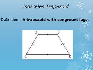 Isosceles Trapezoid
Definition - A trapezoid with congruent legs.
 