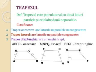TRAPEZUL
Def: Trapezul este patrulaterul cu două laturi
paralele şi celelalte două neparalele.
Clasificare:
 Trapez oarecare: are laturile neparalele necongruente;
 Trapez isoscel: are laturile neparalele congruente;
 Trapez dreptunghic: are un unghi drept;
ABCD - oarecare MNPQ- isoscel EFGH- dreptunghic
A B
D
N
Q
G
H
C
M
P
F
E
 