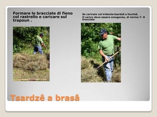 Formare le bracciate di fieno   Se caricate col tridente:tsardzê a fourtsâ.
col rastrello e caricare sul    Il carico deve essere omogeneo, di norma 7- 8
trapoun .                       bracciate




Tsardzê a brasâ
 