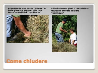 Prendere le due corde “li bras” e   E livellando coi piedi il centro della
farle passare attorno alle due      trapounâ arrivare all’altro
teste laterali del “barilhoun”      “barilhoun”




Come chiudere
 