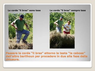 Le corde “li bras” sono tese   Le corde “li bras” sempre tese




Passare le corde “li bras” attorno la testa “la cabosa”
dell’altro barilhoun per procedere in due alla fase della
chiusura.
 